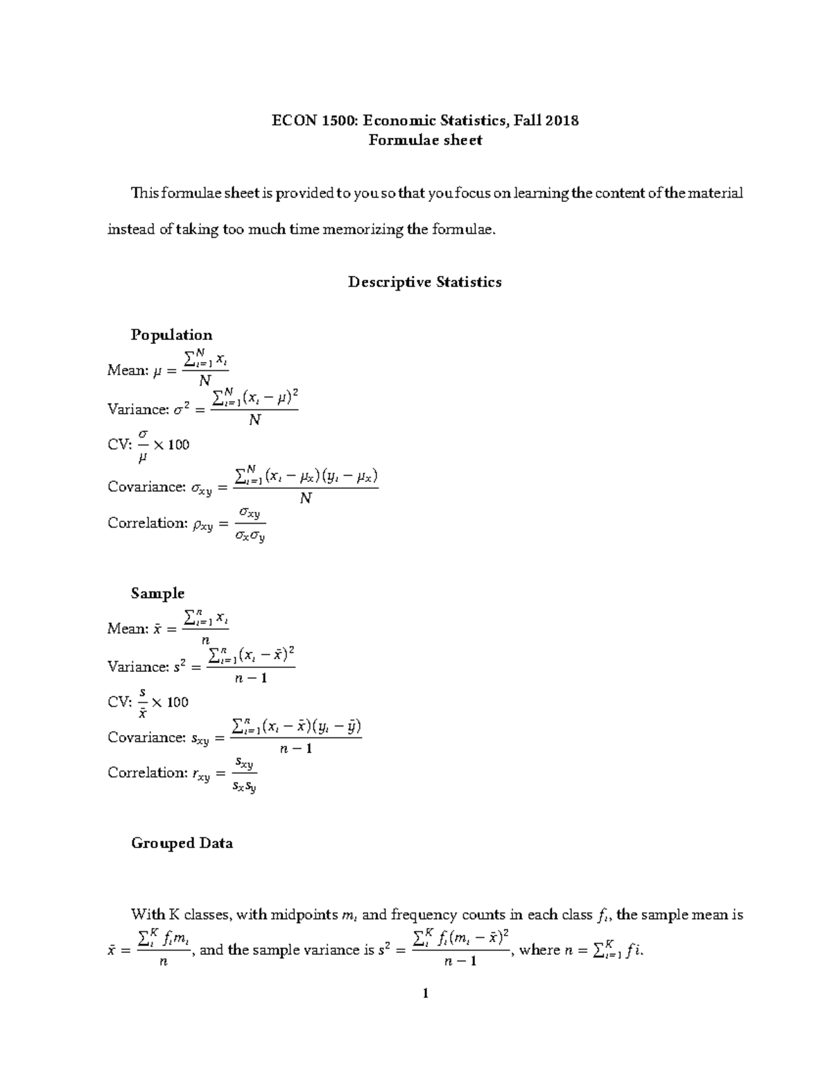 Formulae 2024 - eefsdfsvd - ECON 1500: Economic Statistics, Fall 2018 ...