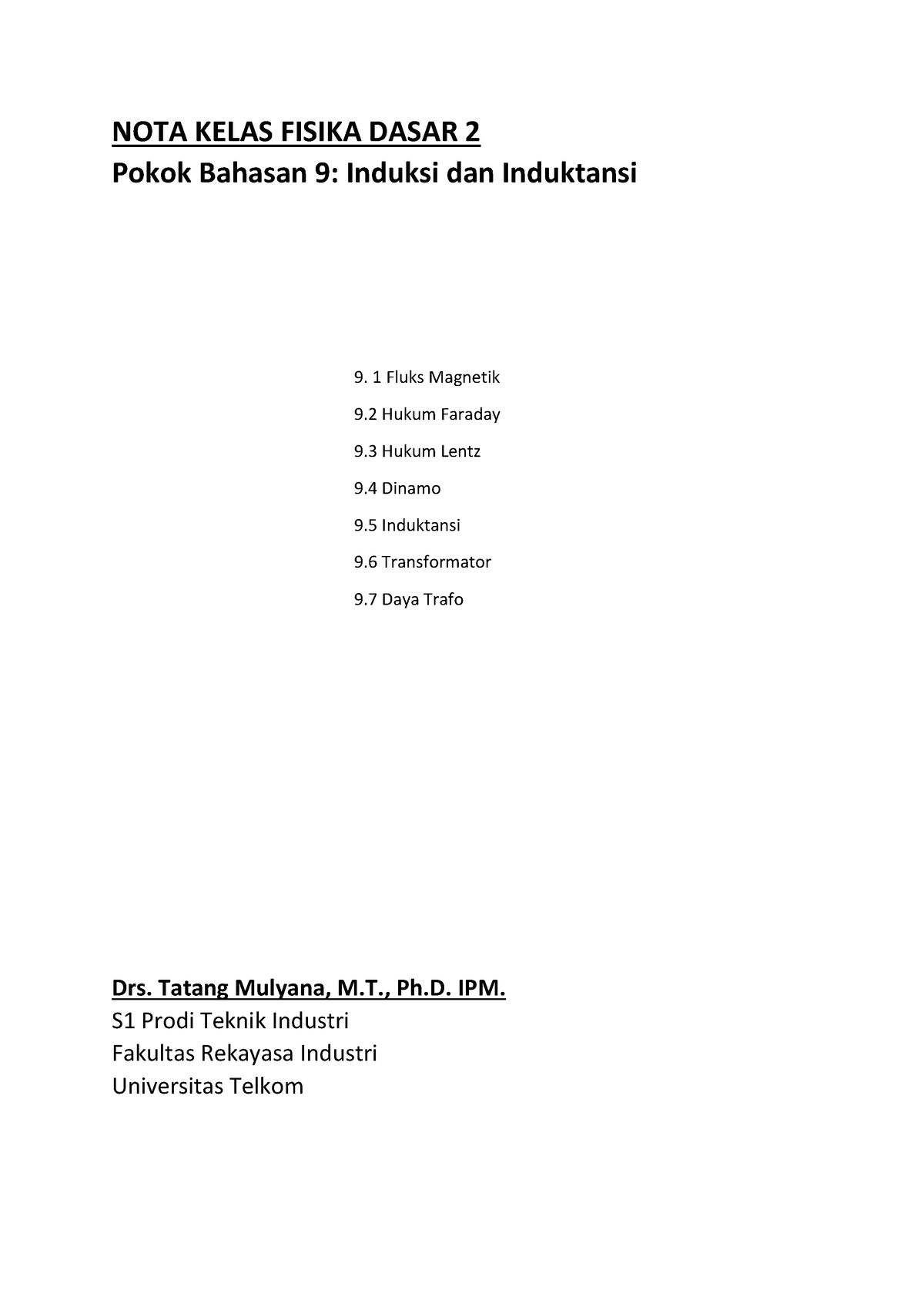 Nota 9 Induksi Dan Induktansi - NOTA KELAS FISIKA DASAR 2 Pokok Bahasan ...