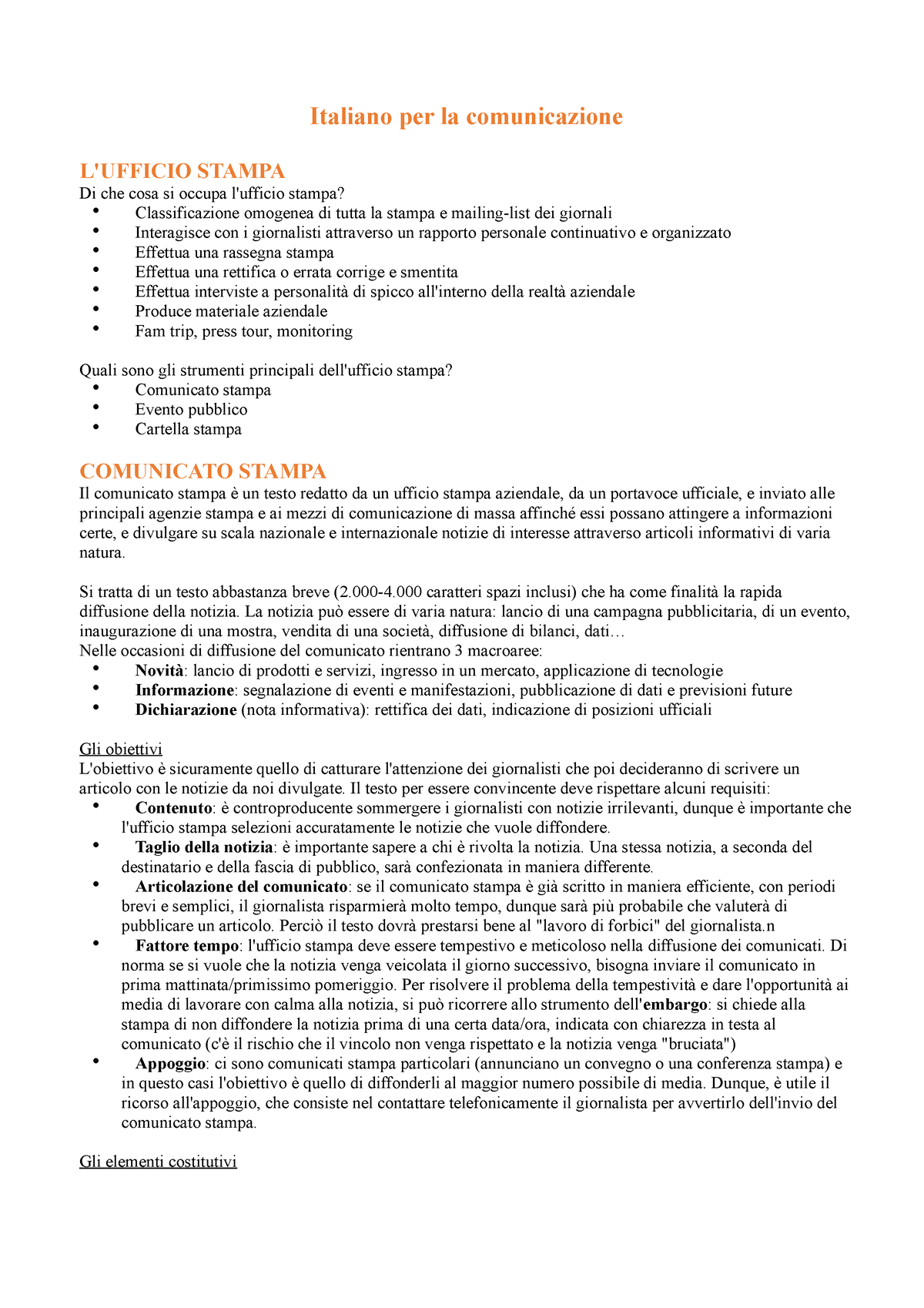 Italiano per la comunicazione- seconda sessione - Italiano per la  comunicazione L'UFFICIO STAMPA Di - Studocu