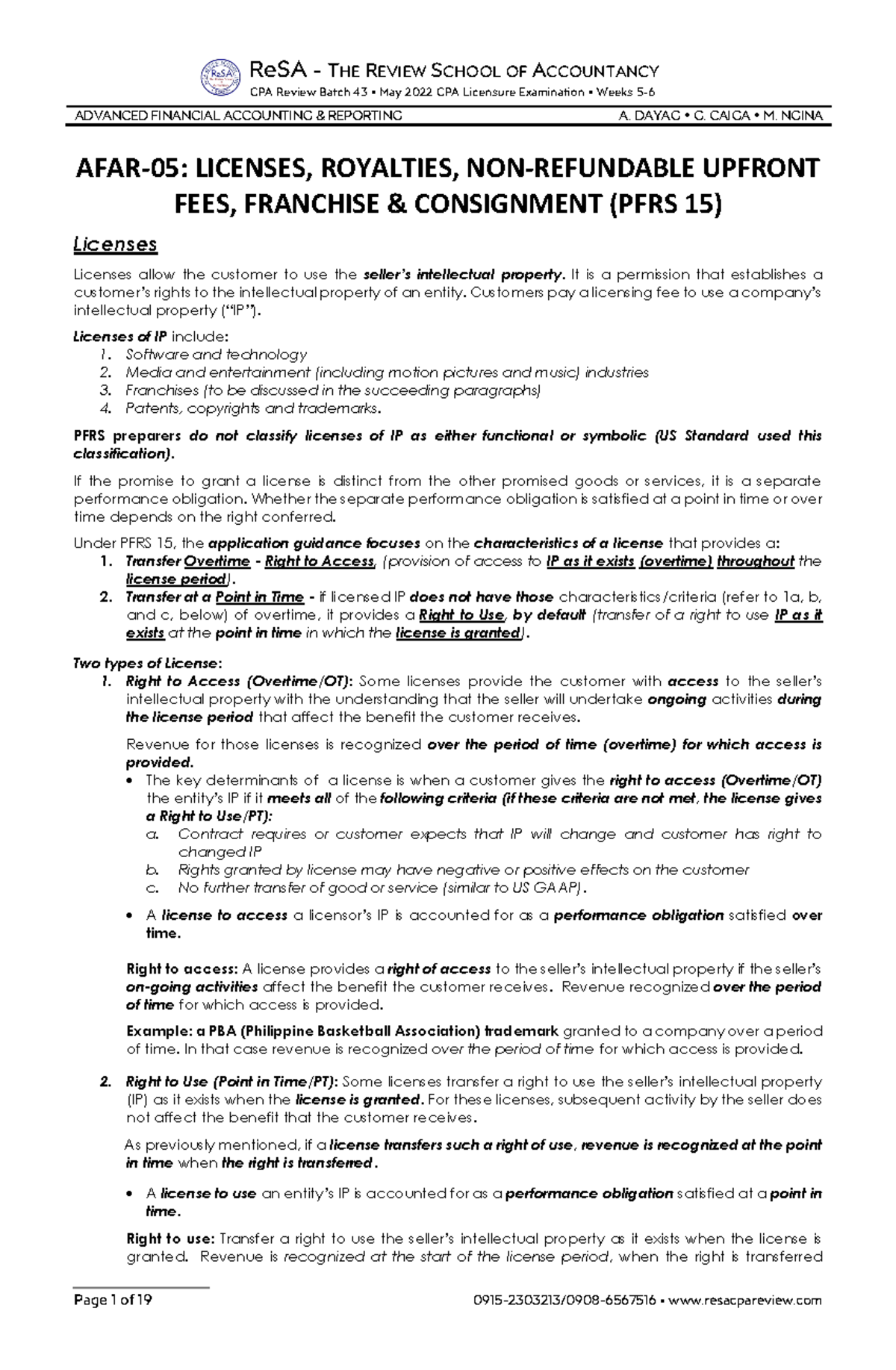 AFAR05 (Licenses, Royalties, Upfront Fees, Franchise & Consignment