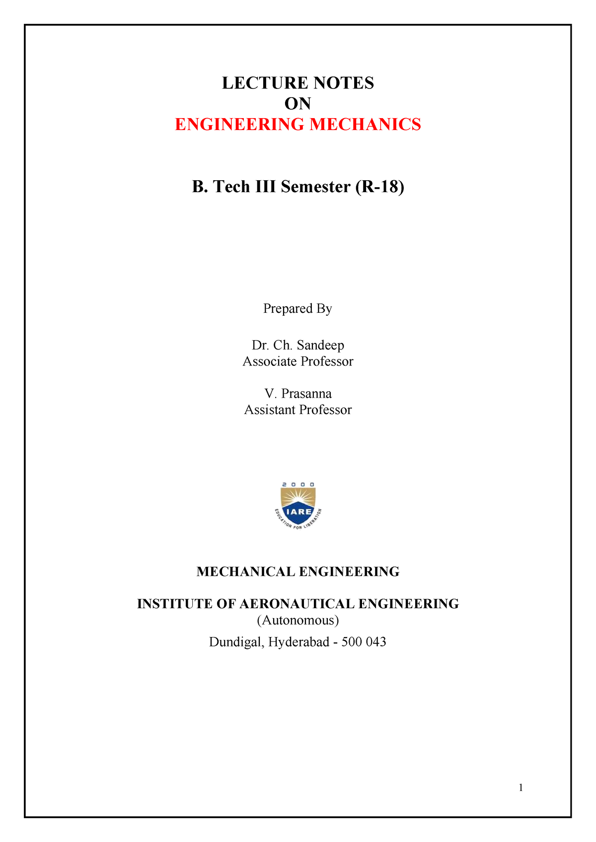 Engineering Mechanics 1 - LECTURE NOTES ON ENGINEERING MECHANICS B ...