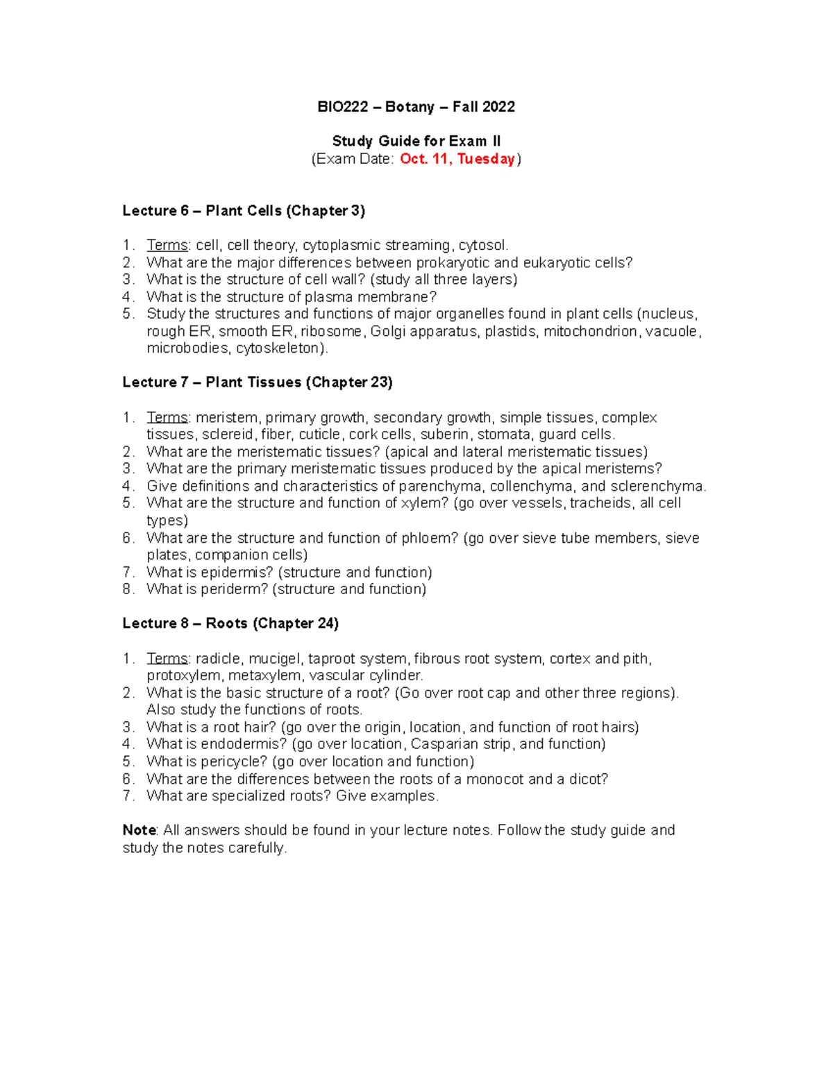 Study guide 2-FA2022 - BIO222 – Botany – Fall 2022 Study Guide for Exam ...