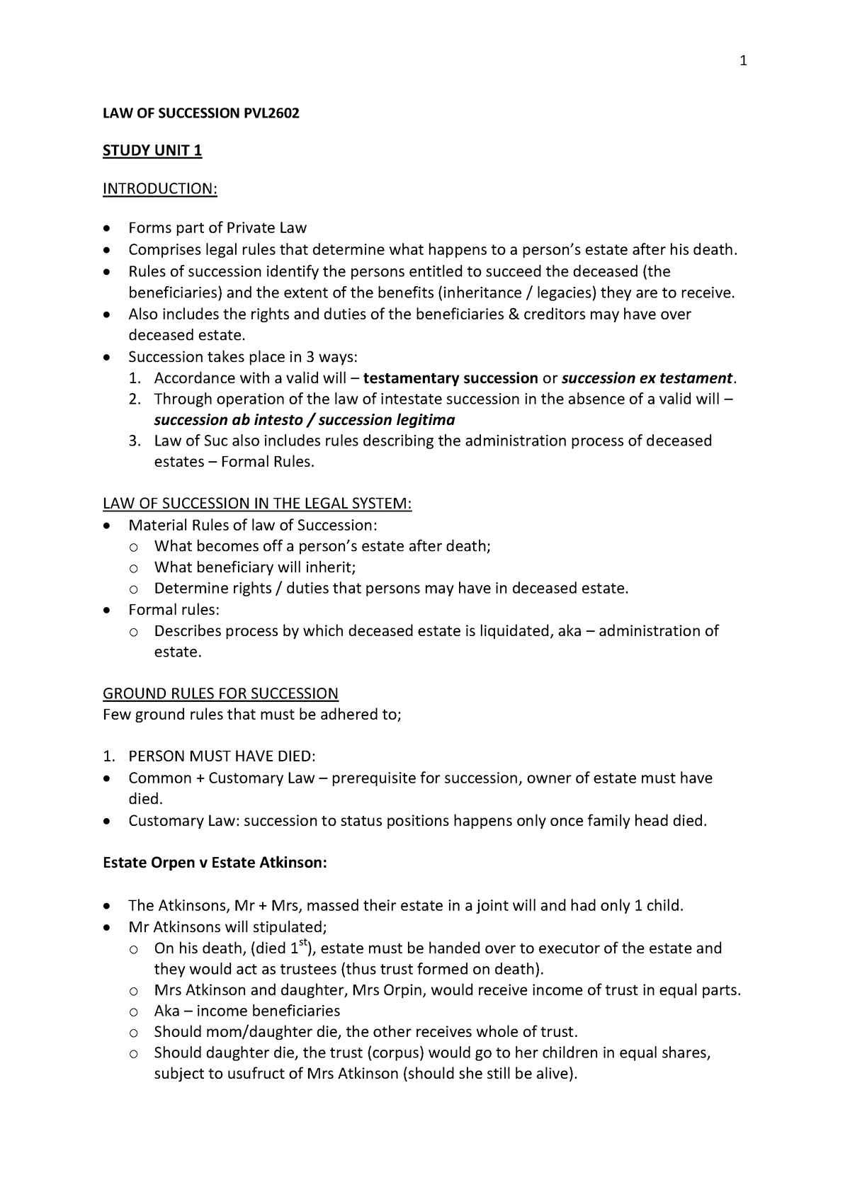 Law of succession notes - LAW OF SUCCESSION PVL STUDY UNIT 1 ...