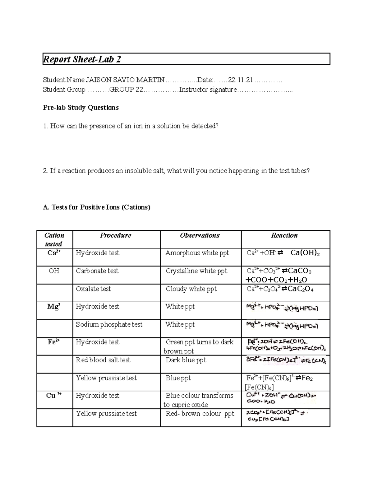 Testing FOR Cations AND Anions (1) QNS Proper QNS - Report Sheet-Lab 2 ...