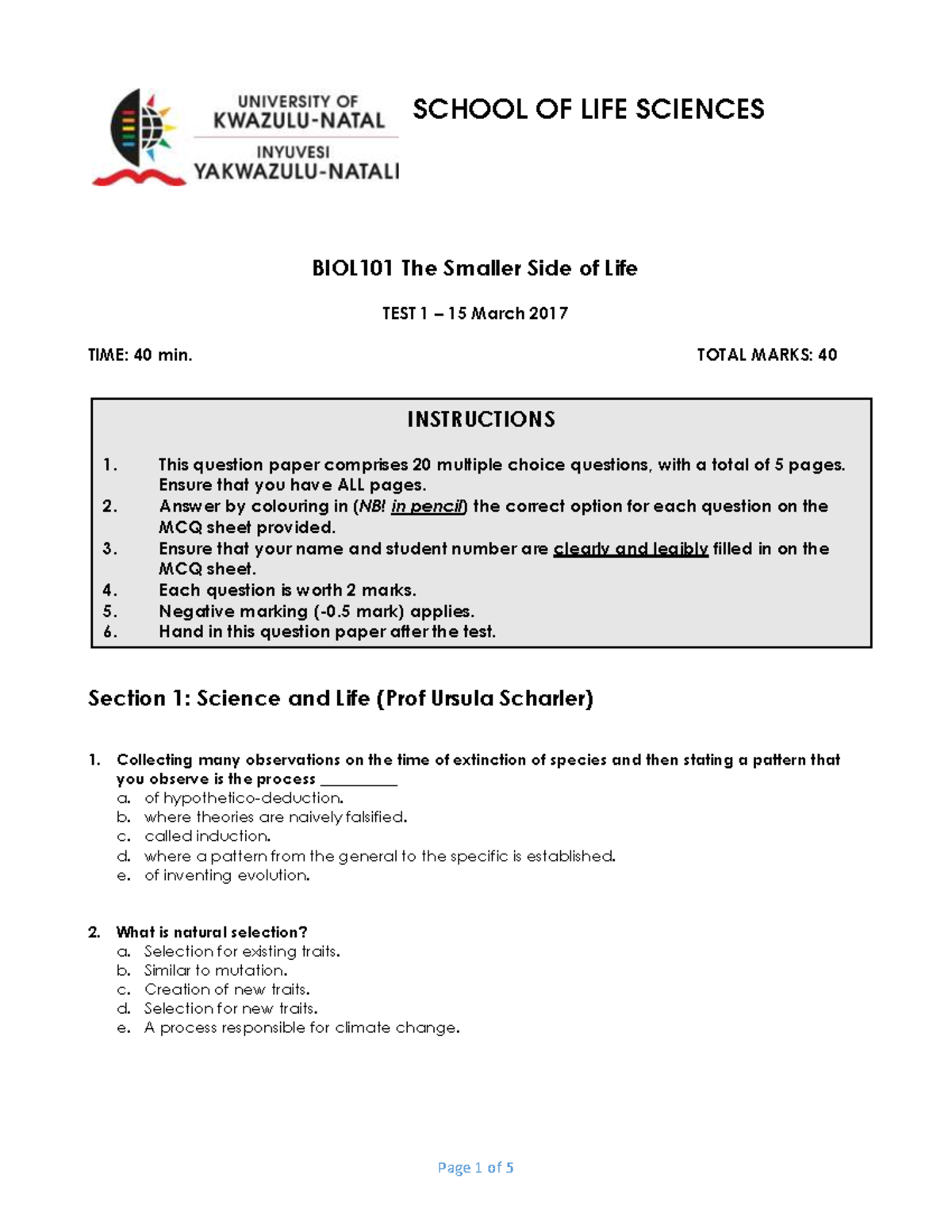 Test 1 March 2018, questions and answers - SCHOOL OF LIFE SCIENCES ...