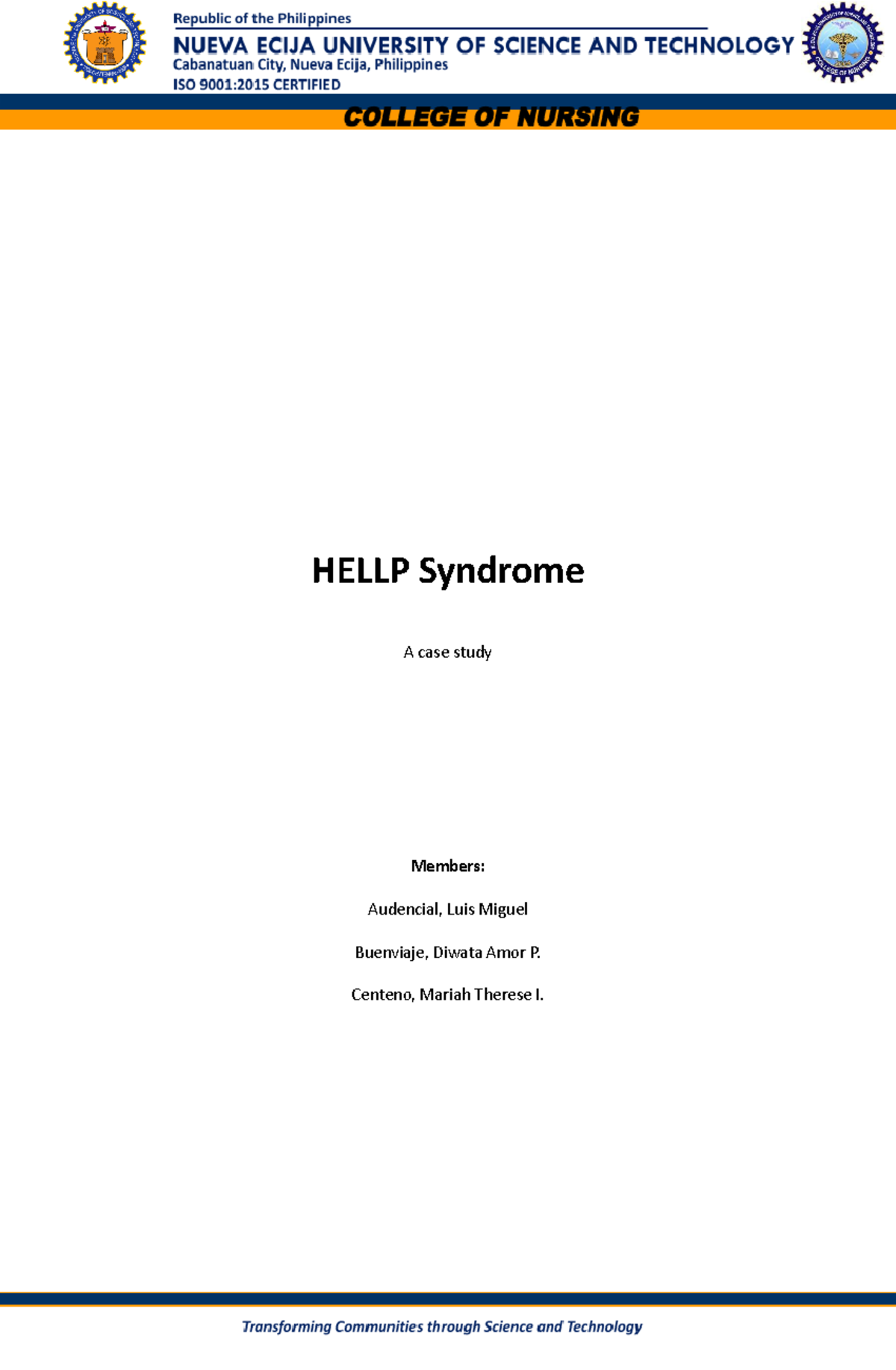 Hellp Syndrome BSN 2A Pjgmrmc Case Study - HELLP Syndrome A case study ...