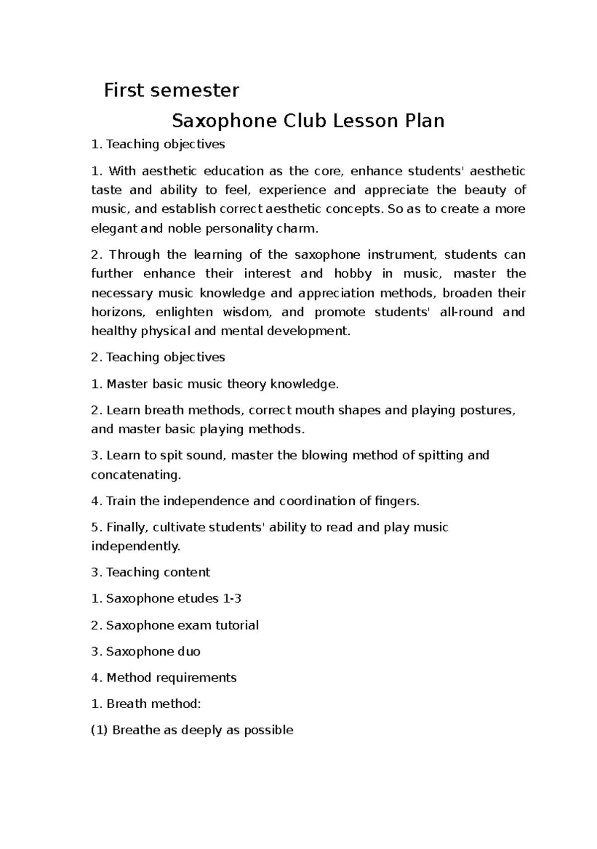 Saxophone Club Lesson Plan - First semester Saxophone Club Lesson Plan ...