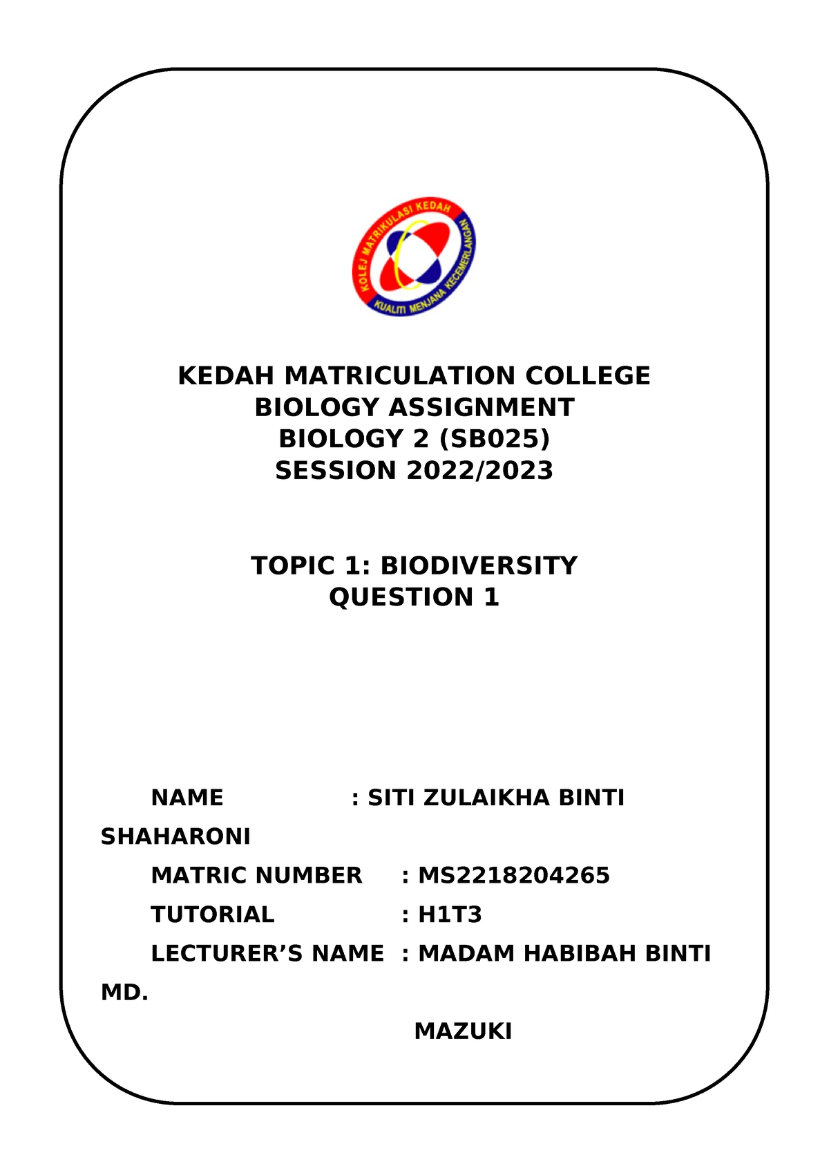 assignment biology matriculation chapter 2