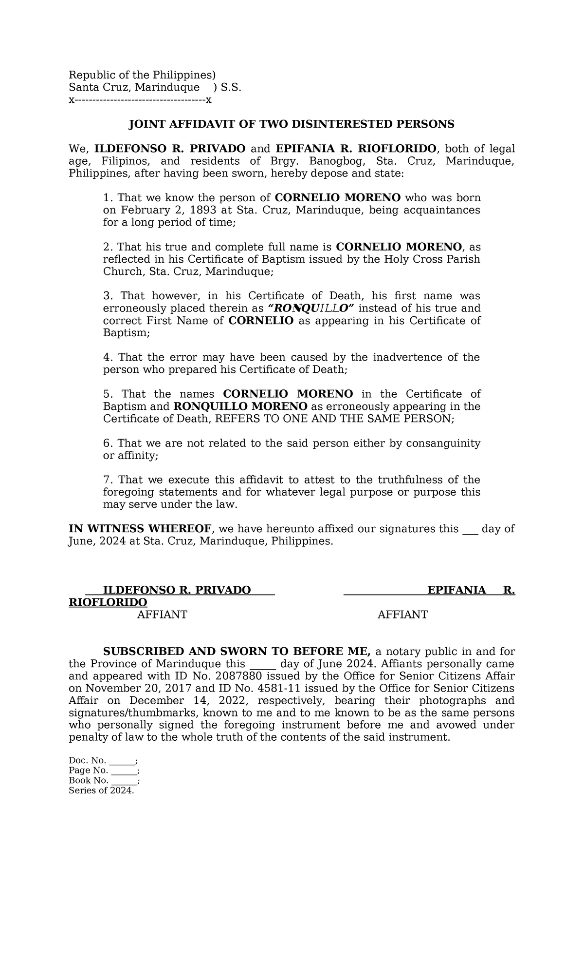 Affidavit OF 2 Disinterested Persons - Republic of the Philippines ...
