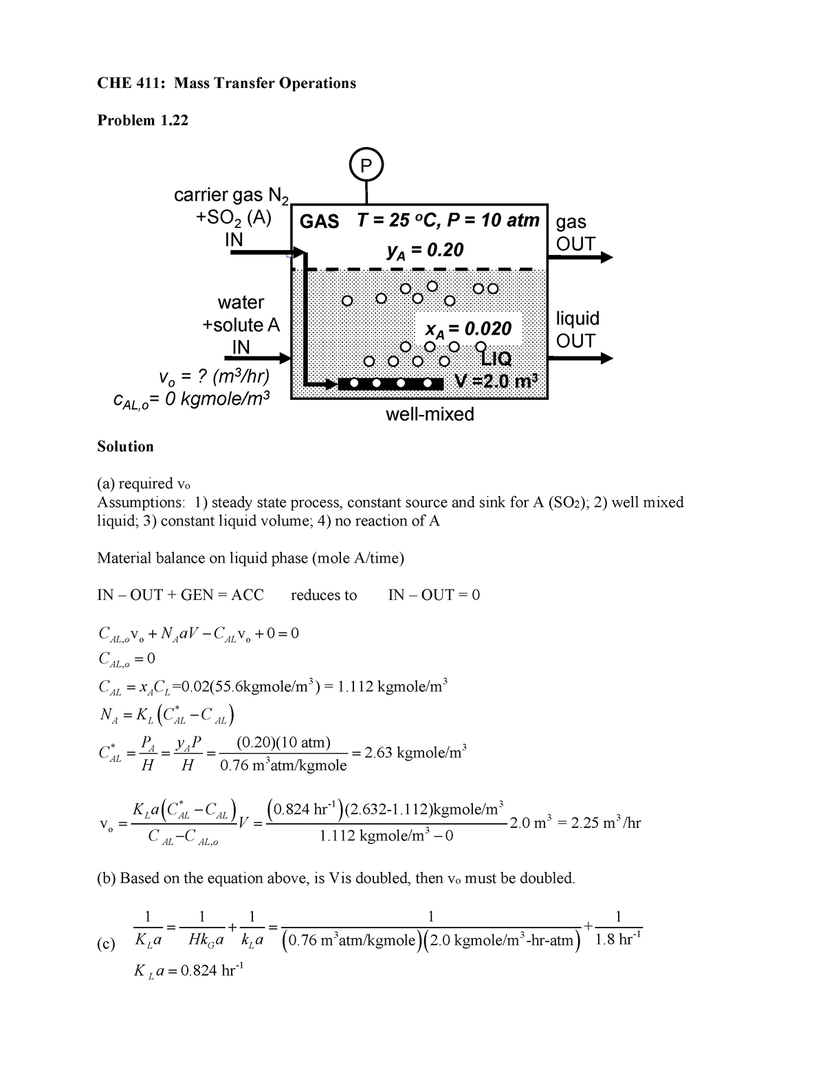 Problem 1.22 Solution - CHE 411: Mass Transfer Operations Problem 1 ...