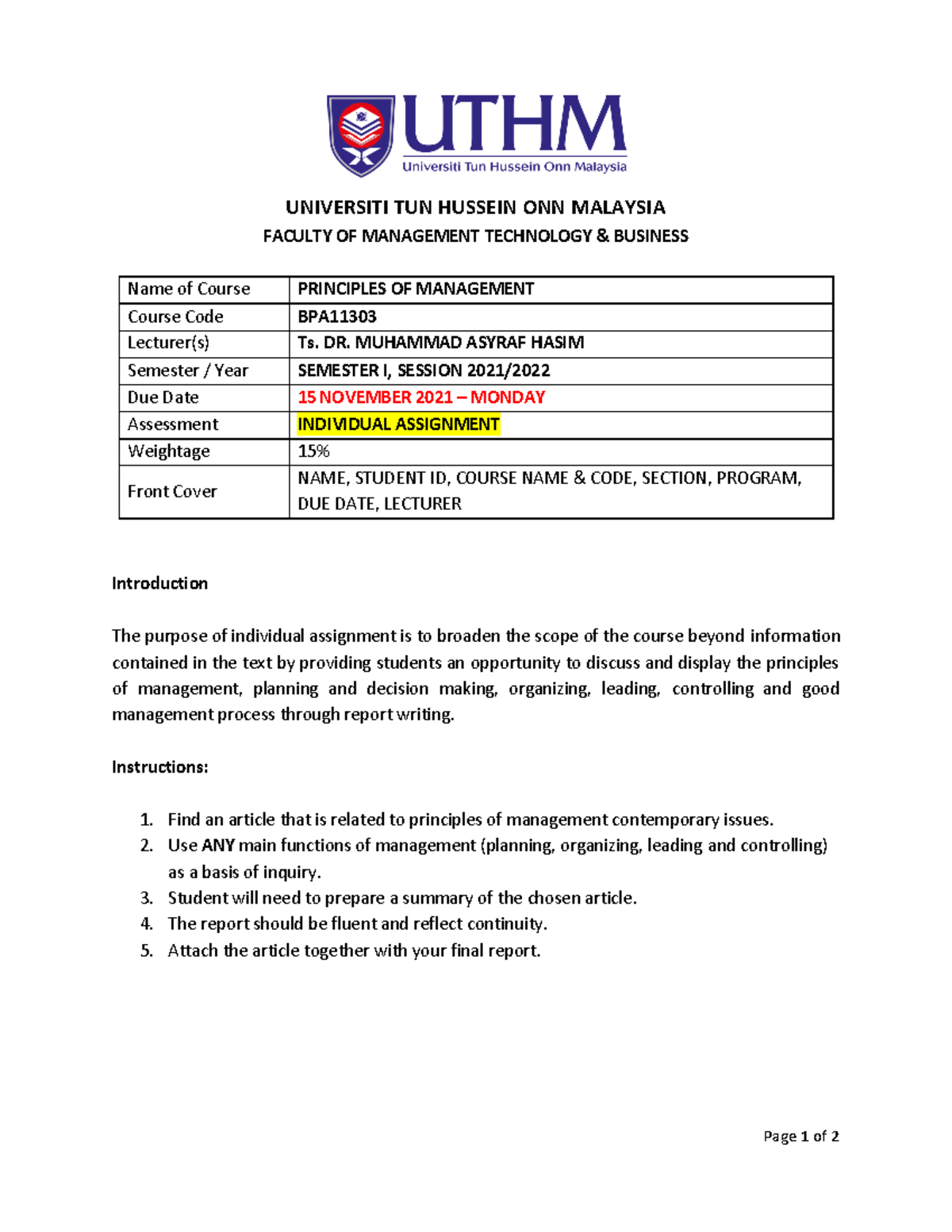 Individual Assignment S1 2021 2022 - Page 1 Of 2 UNIVERSITI TUN HUSSEIN ...