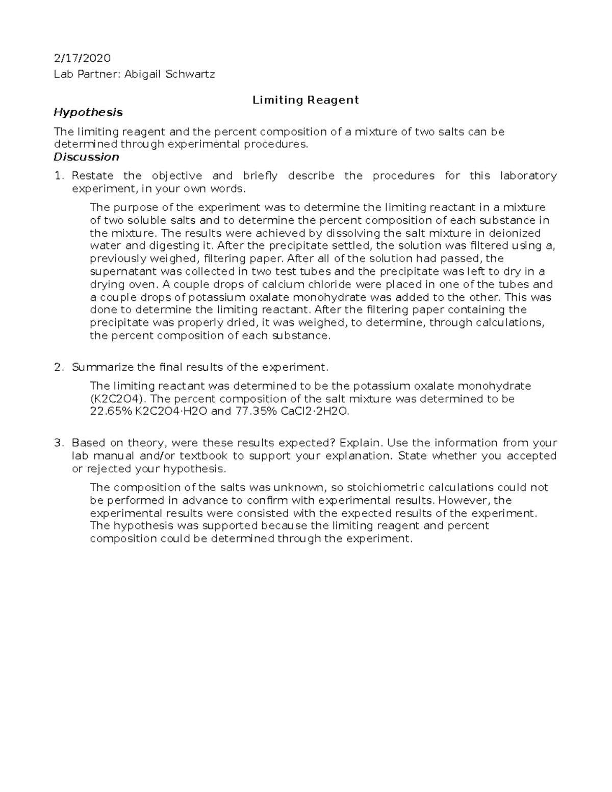 Limiting Reactant Lab Report 2/17/ Lab Partner Abigail Schwartz