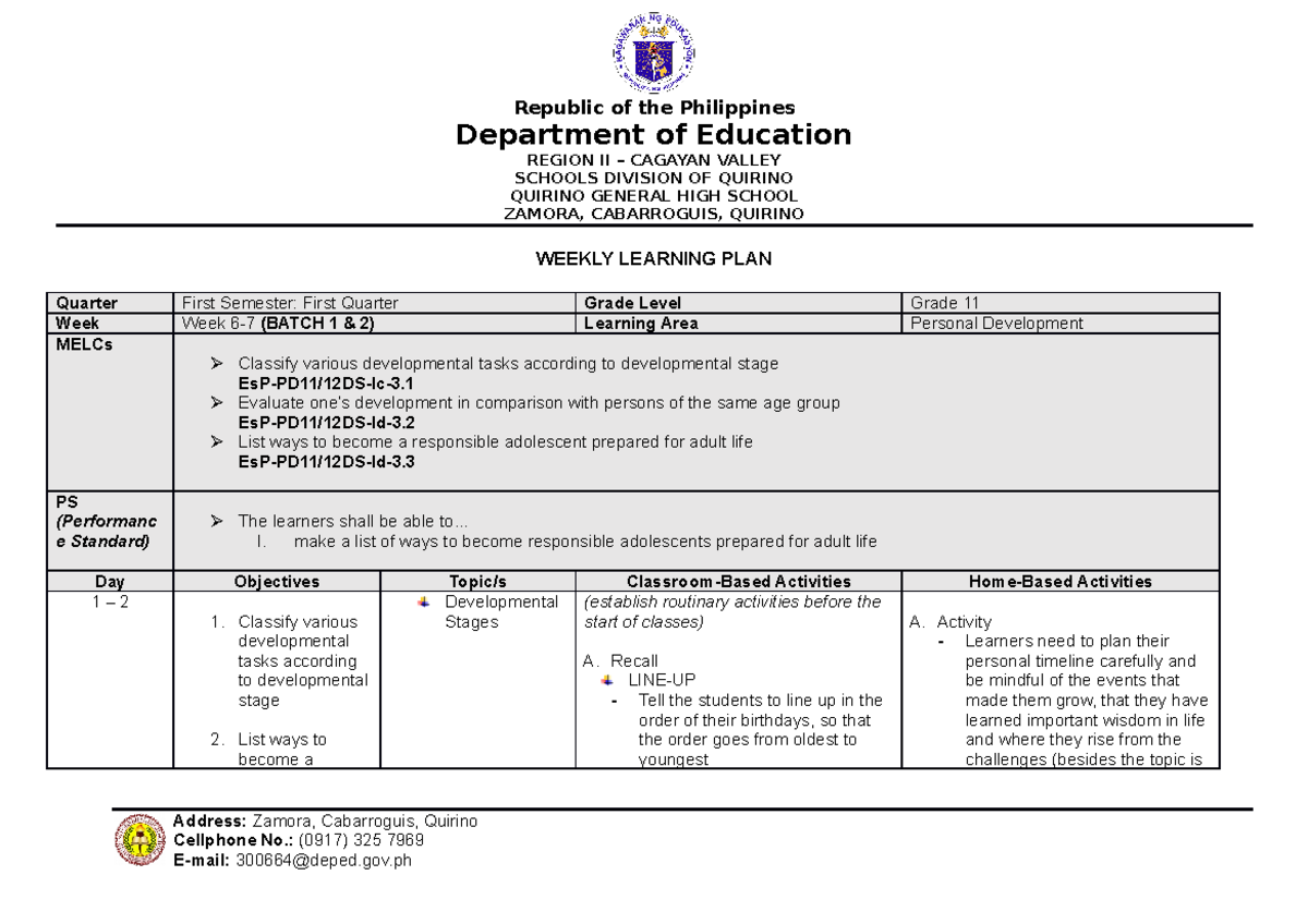 Personal Development WLP September 27 30 - Department of Education ...