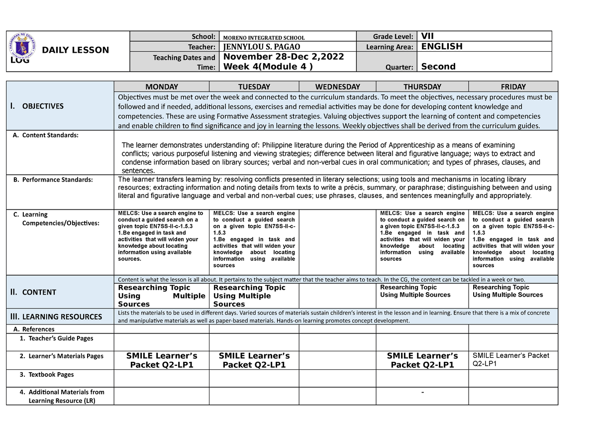 DLL 2nd Quarter wk4 - none - DAILY LESSON LOG School: MORENO INTEGRATED ...