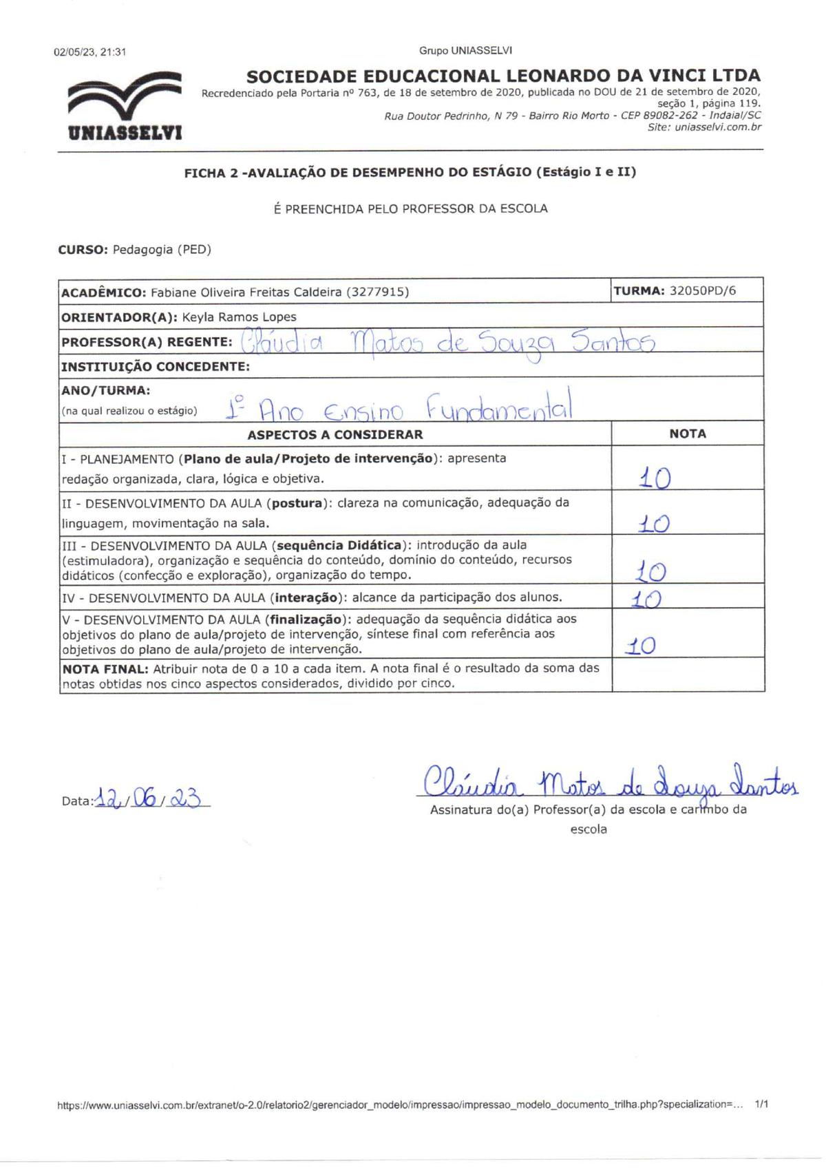 Ficha DE Avaliação 6P - PAPER DO ESTAGIO NA UNIASSELVI - Estágio ...