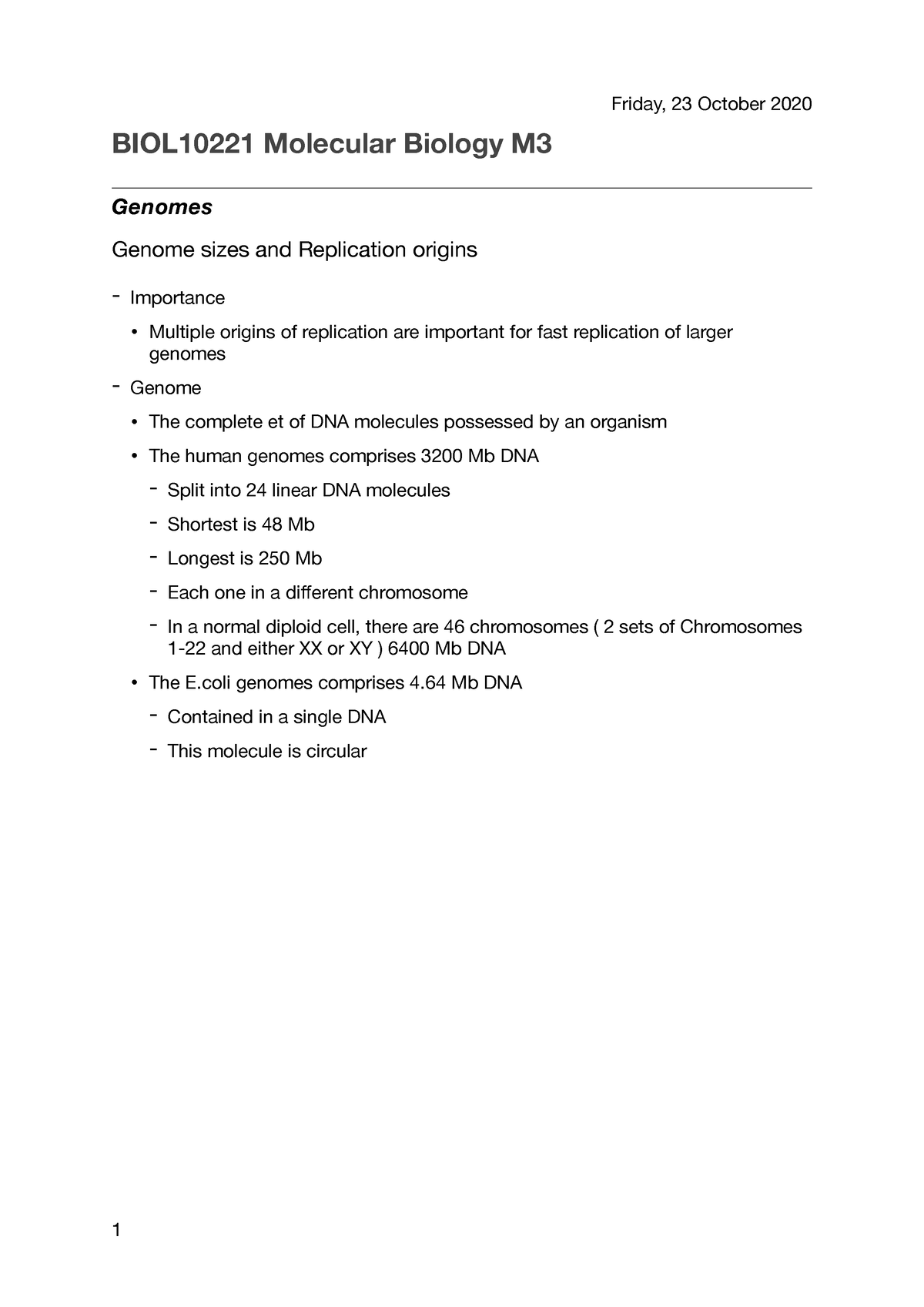 Molecular Biology Module 3 Genome - BIOL10221 Molecular Biology M ...