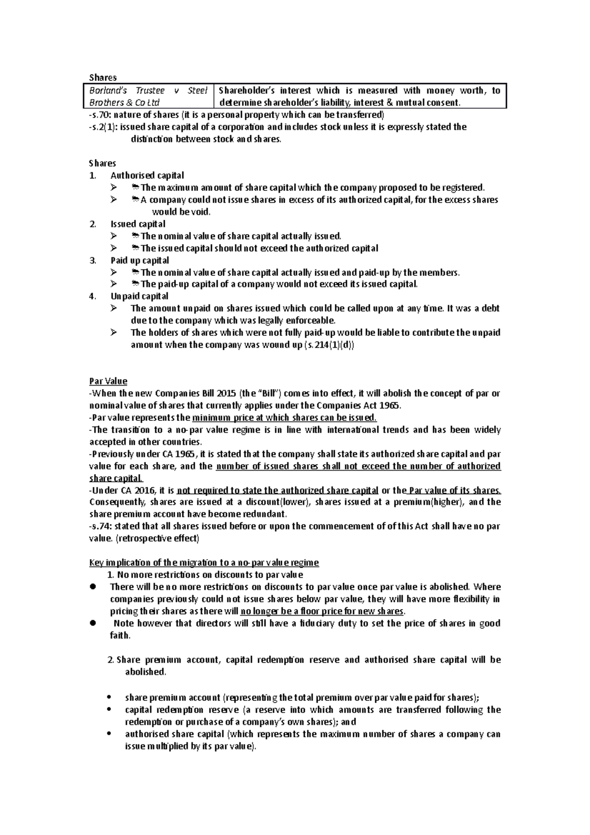 Topic 4 - shares - Lecture notes 4 - Shares Borland’s Trustee v Steel ...