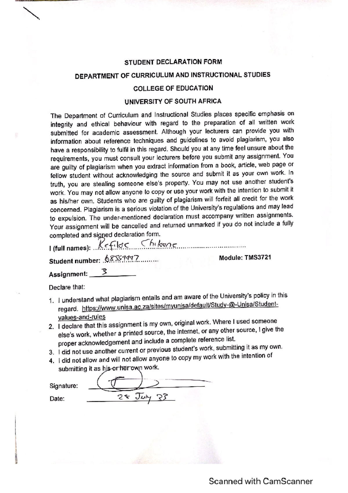685559 Assignment 3 - STUDENT DECLARATION FORM DEPARTMENT OF CURRICULUM ...