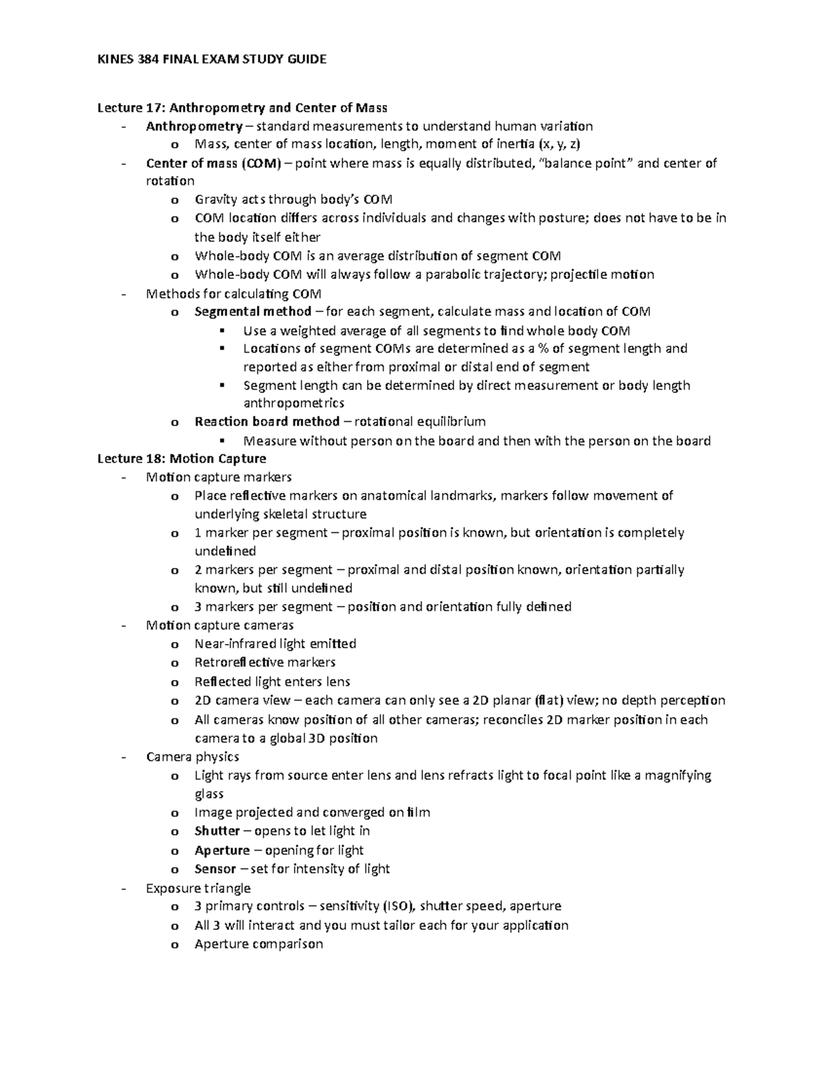 KINES 384 Final Exam Study Guide - Lecture 17: Anthropometry and Center ...