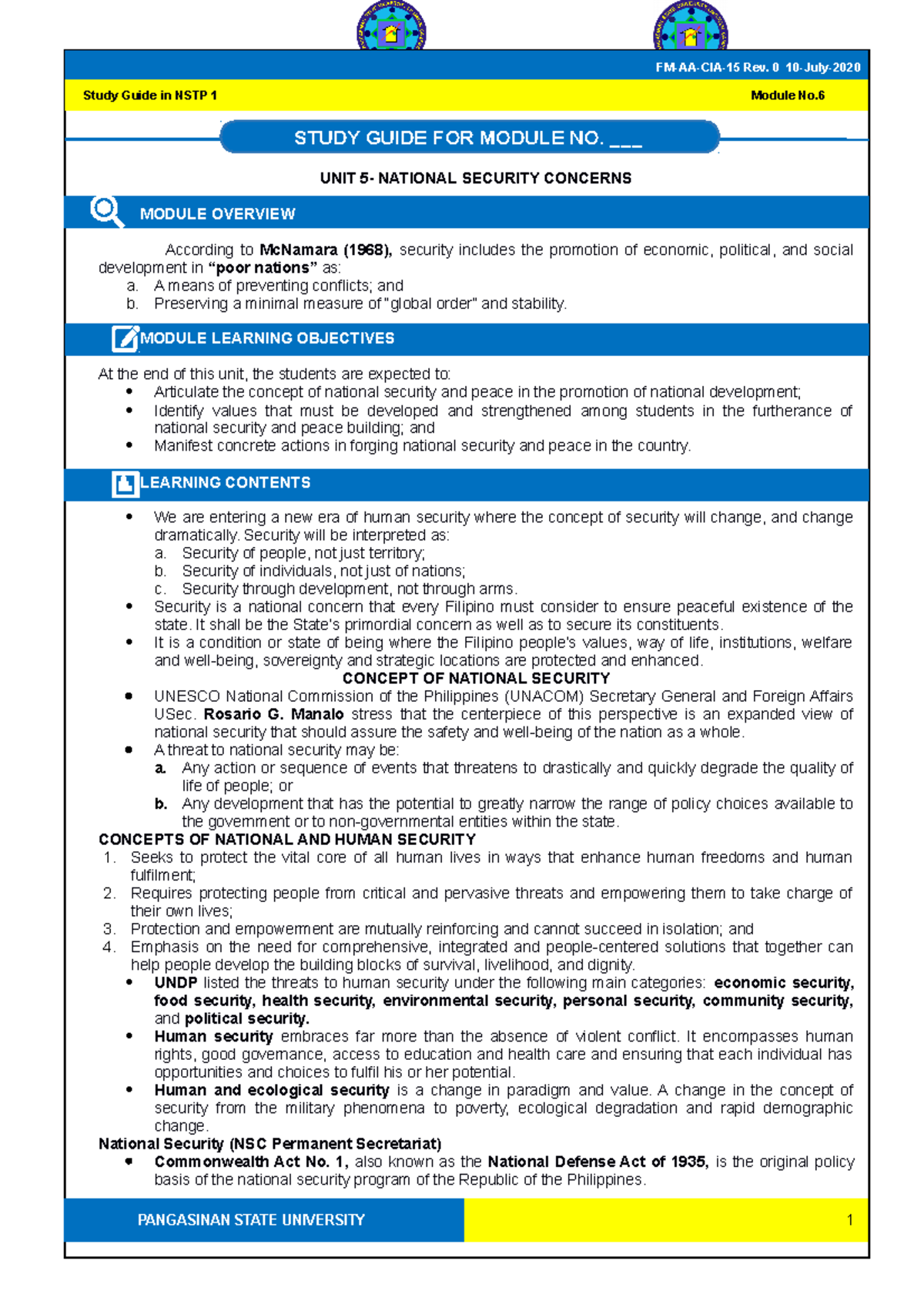 Study Guide 6 Concept of National Security Part 1 - UNIT 5- NATIONAL ...