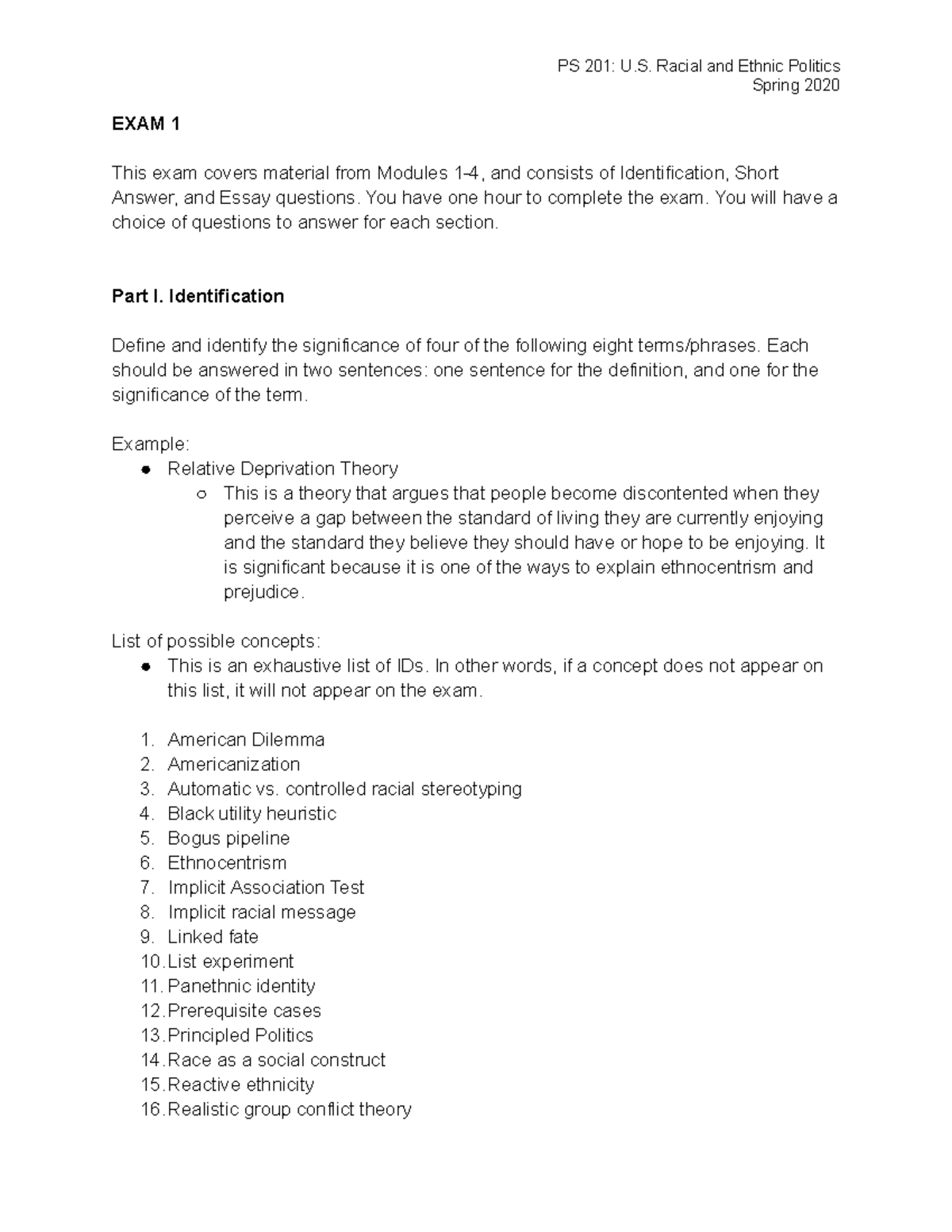 PS 201 - Exam 1 - concepts - example questions - PS 201: U. Racial and ...