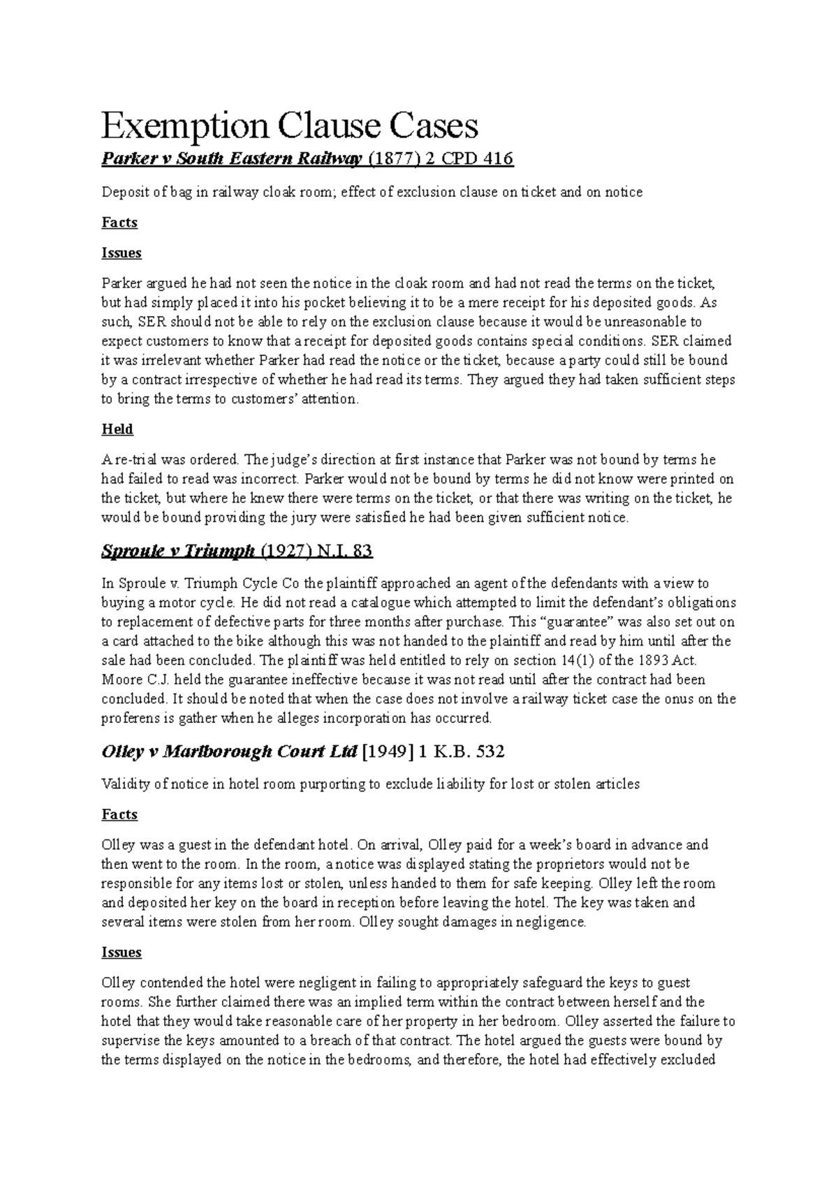 LA4211 List of Exemption Clause Cases Exemption Clause Cases Parker v