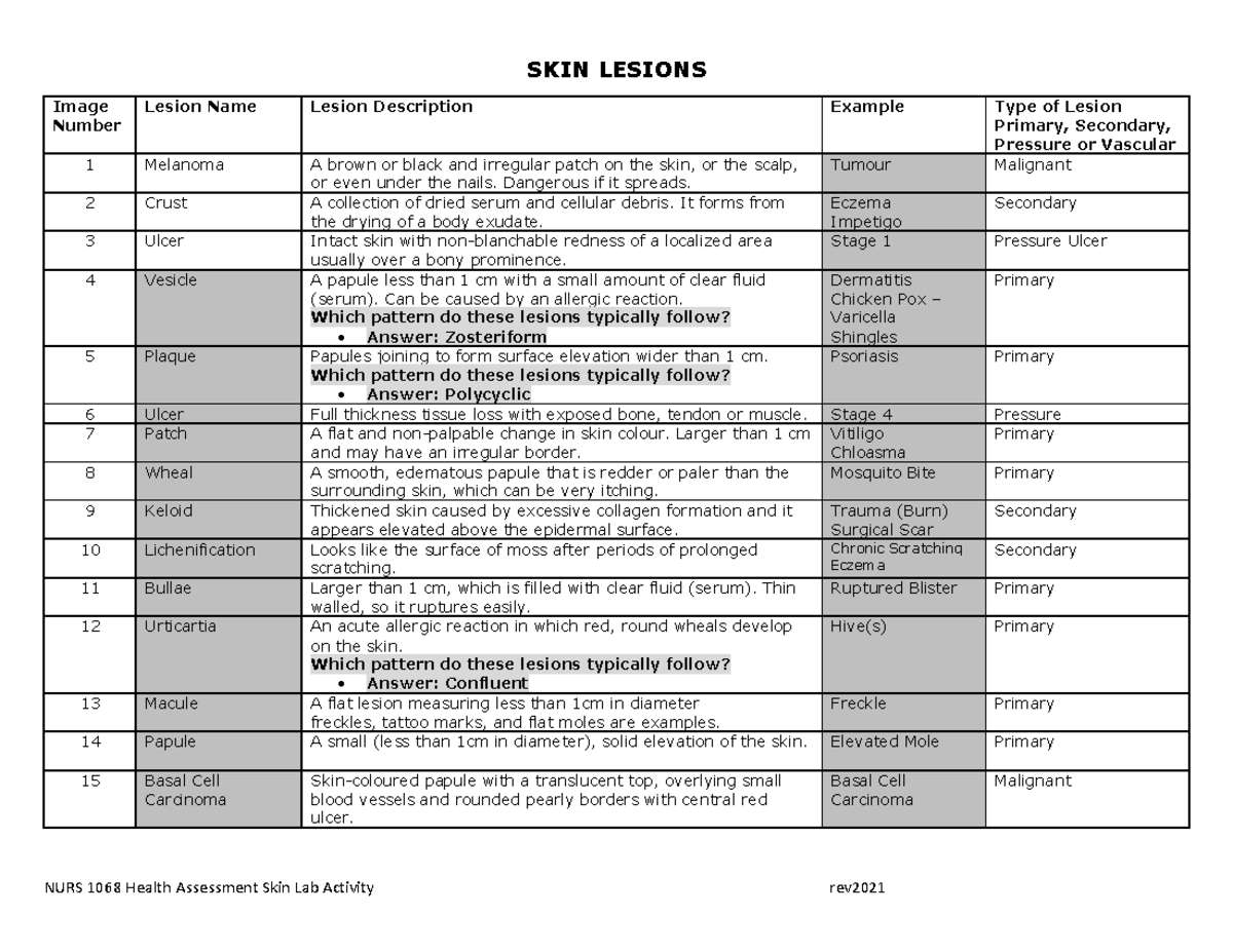 Name the Skin Condition Answers SKIN LESIONS NURS 1068 Health