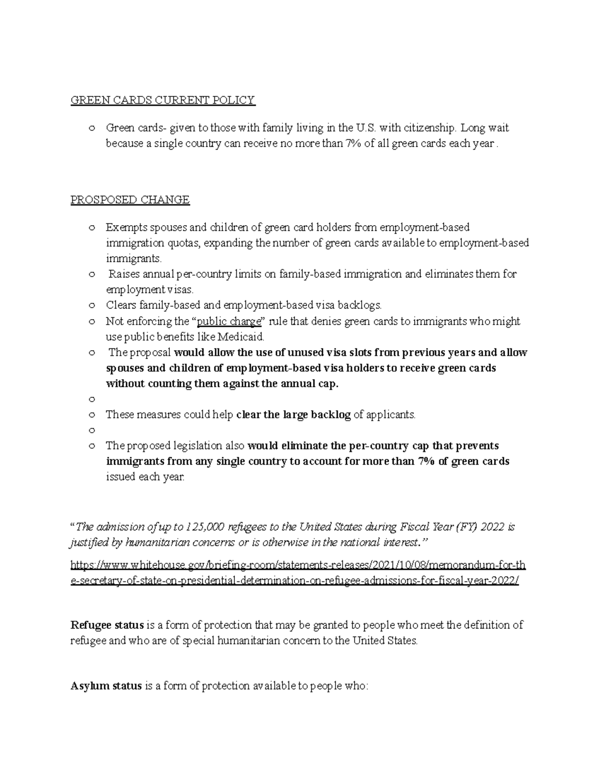 Class 20 Notes GREEN CARDS CURRENT POLICY Green cards given to