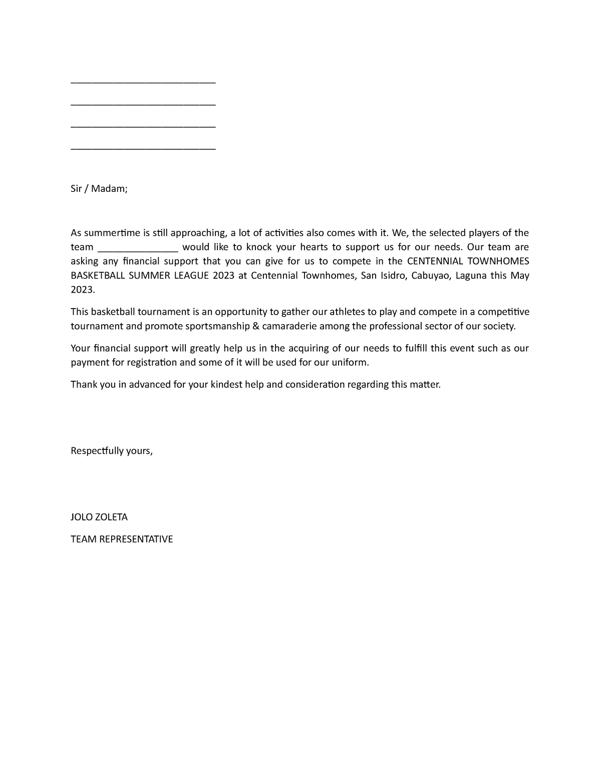 Solicitation Letter