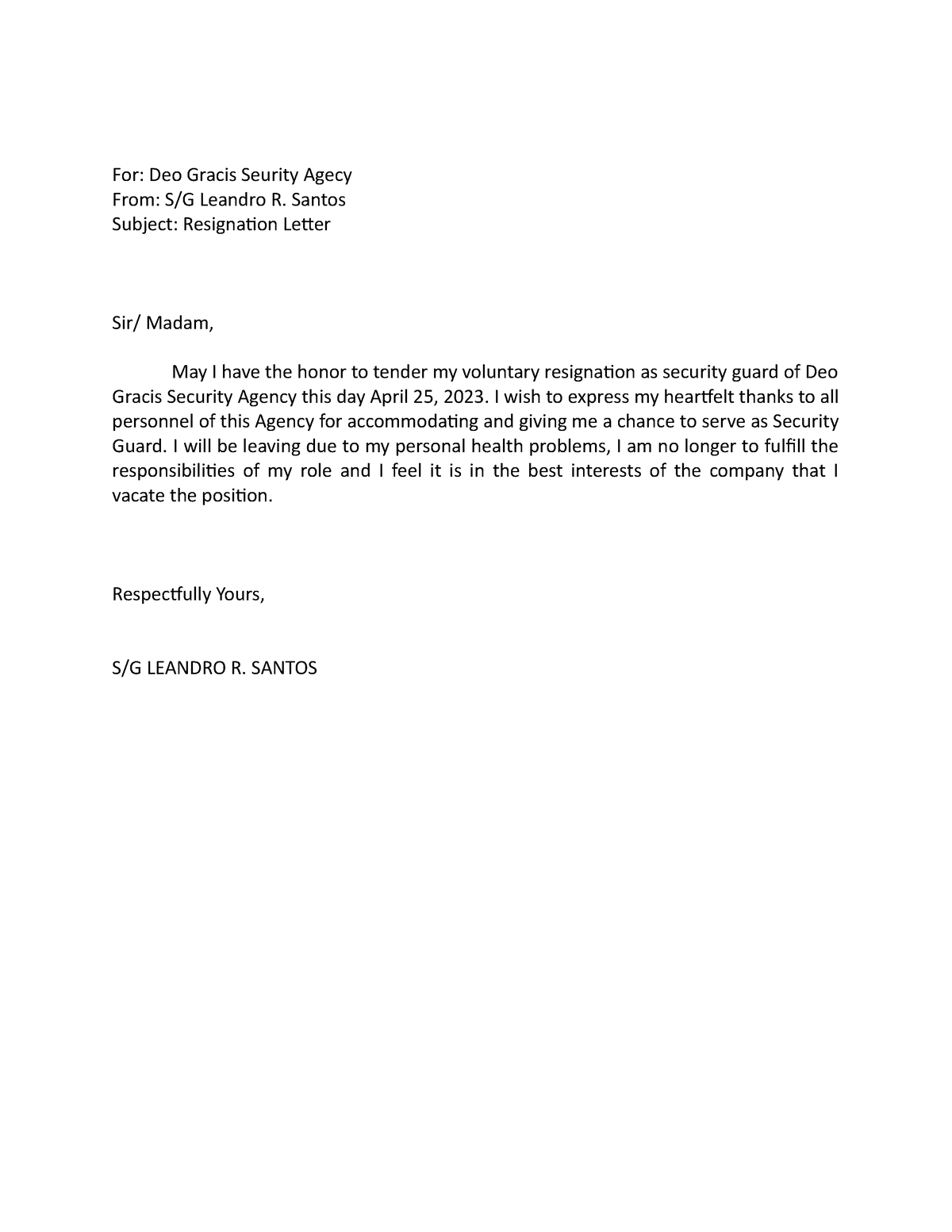 Resignation Letter - practice materials - For: Deo Gracis Seurity Agecy ...