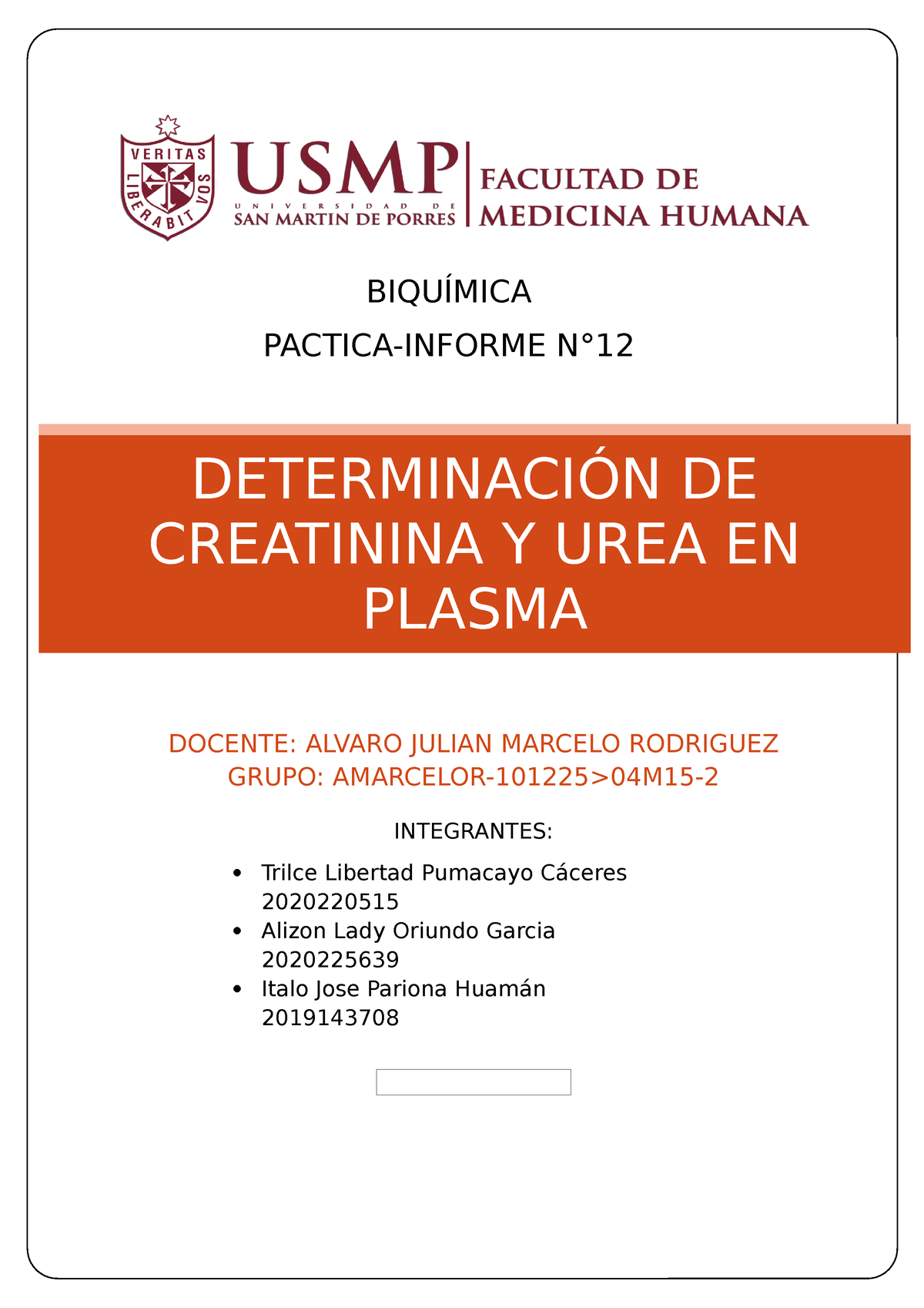 Bioca Prac Inf 12 DeterminaciÓn De Creatinina Y Urea En Plasma Docente Alvaro Julian 8234