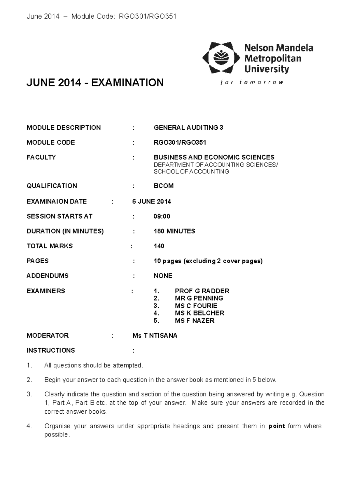 2014 RGO301 JUNE EXAM Q Paper - JUNE 2014 - EXAMINATION MODULE ...