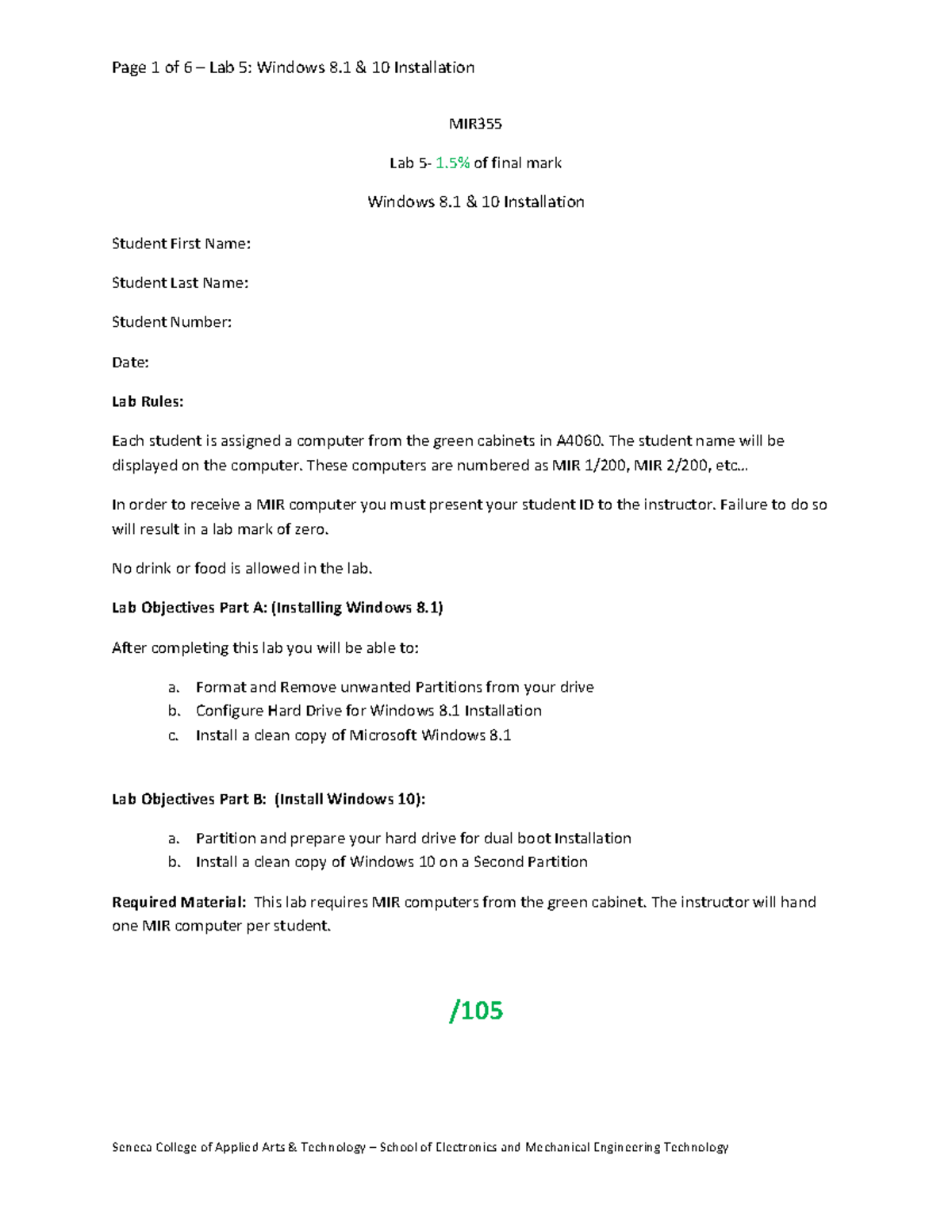Lab 5- Windows 8 & 10 Installation - MIR355 Lab 5-­‐ 1% of final mark ...