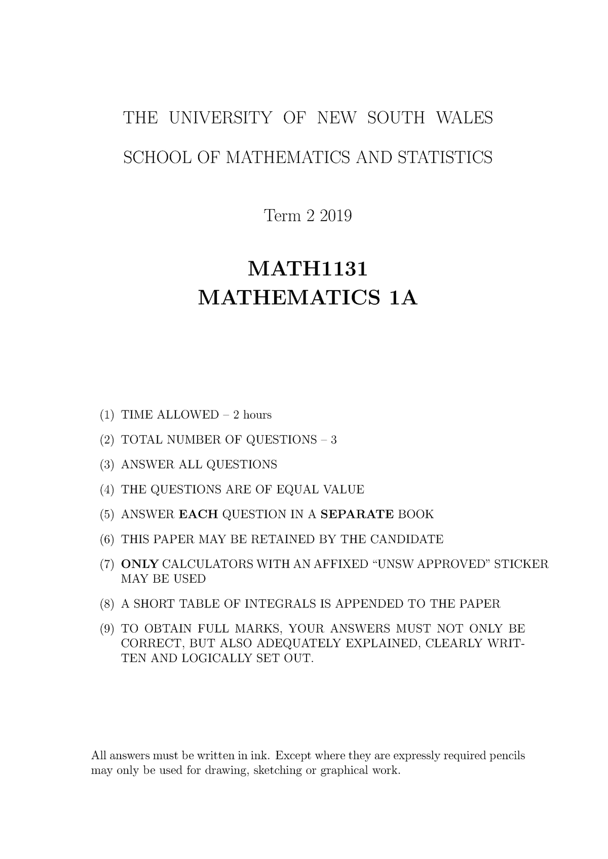 MATH1131 Final Exam 2019 T2 - StuDocu