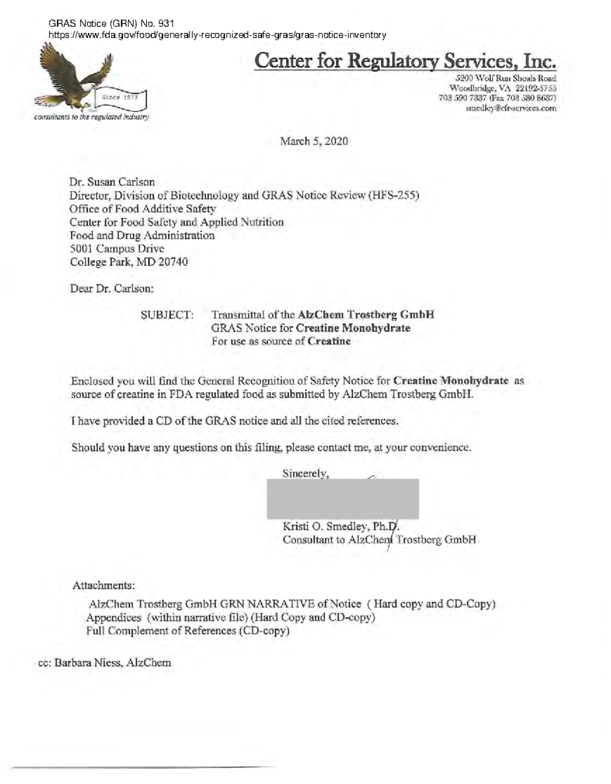 GRASNoticeGRN931CreatineMonohydrate FDA certification, quality