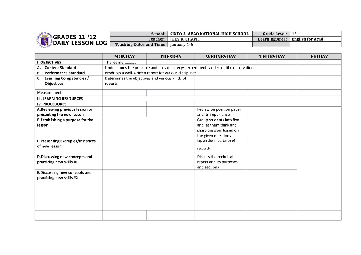 Dll eapp preparing a technical report - GRADES 11 / DAILY LESSON LOG ...