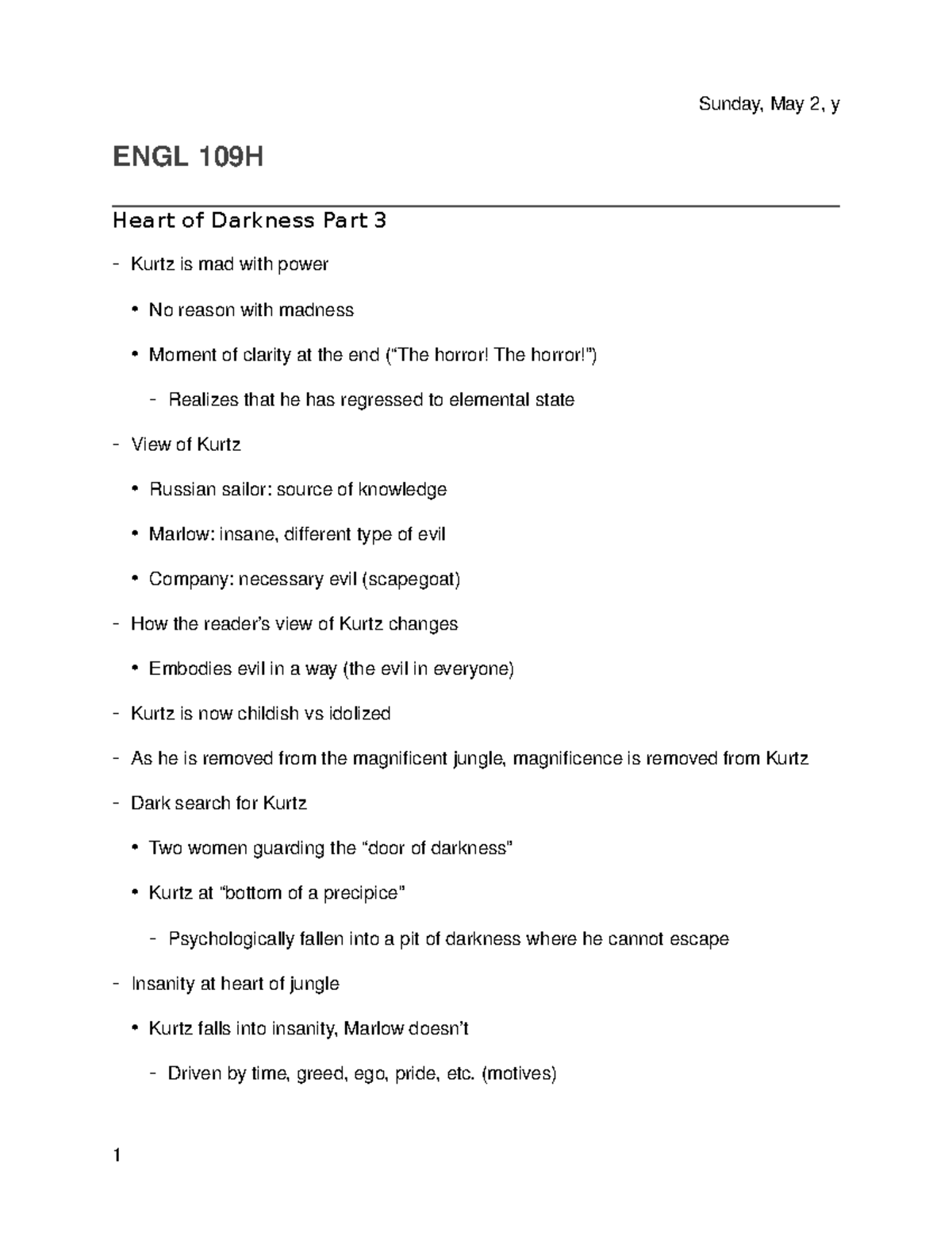 Heart Of Darkness Part 3 Friday May 3 Y ENGL 109H Heart Of Darkness 