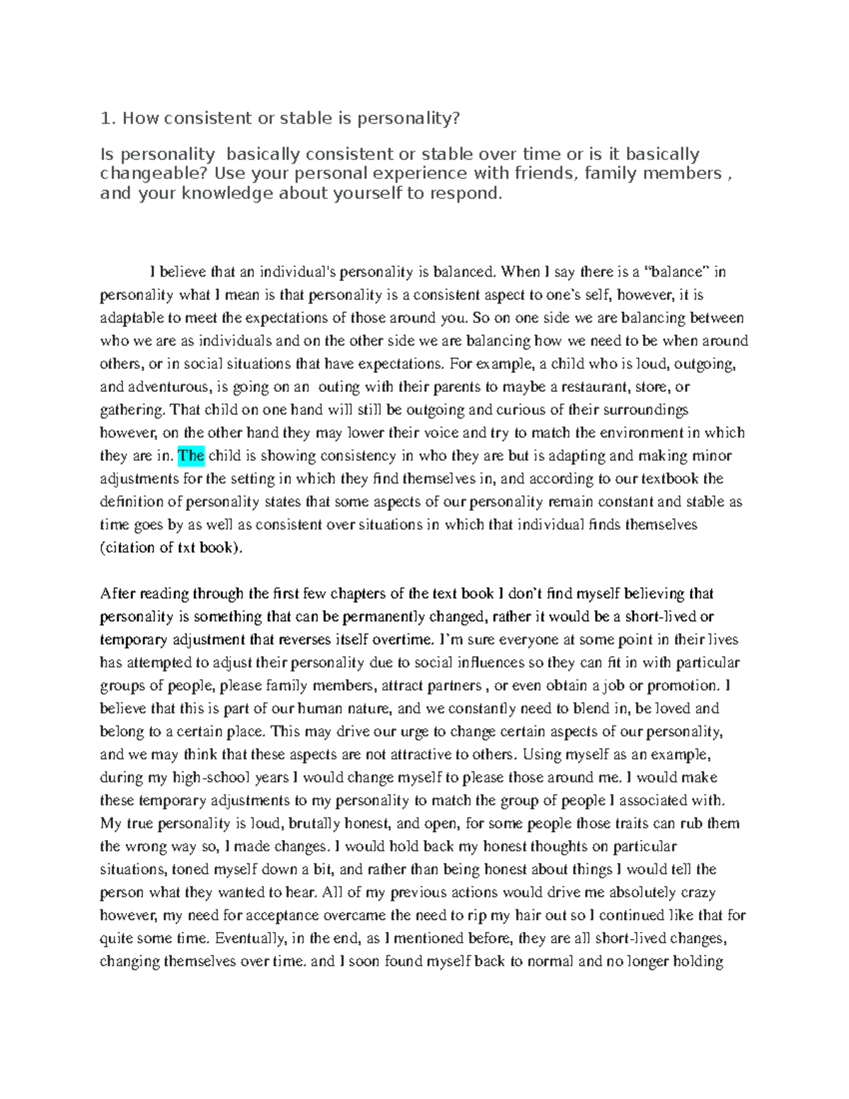 Discussuon 1 Personality Psych - How consistent or stable is ...