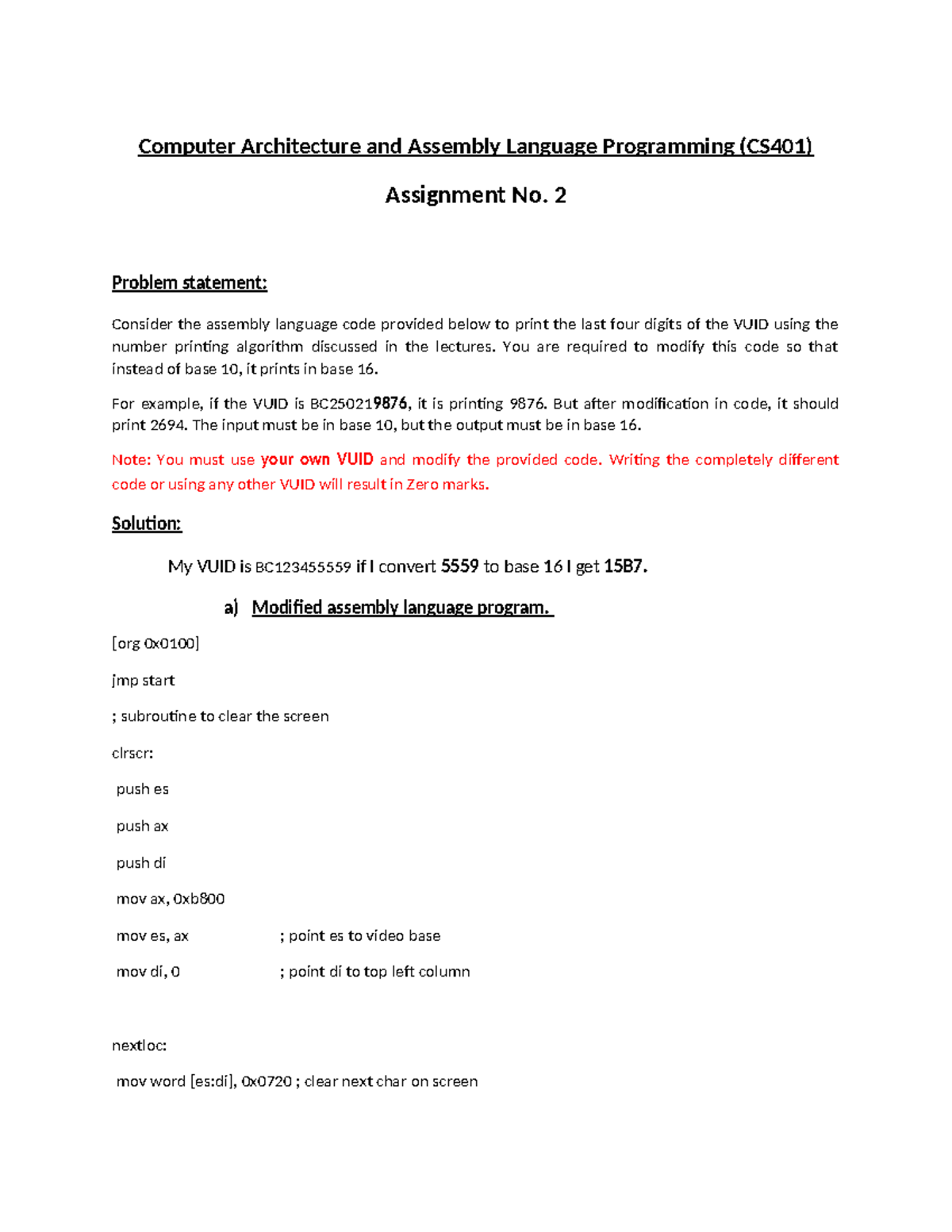 CS401 summer assignment 2 2024 - Computer Architecture and Assembly ...