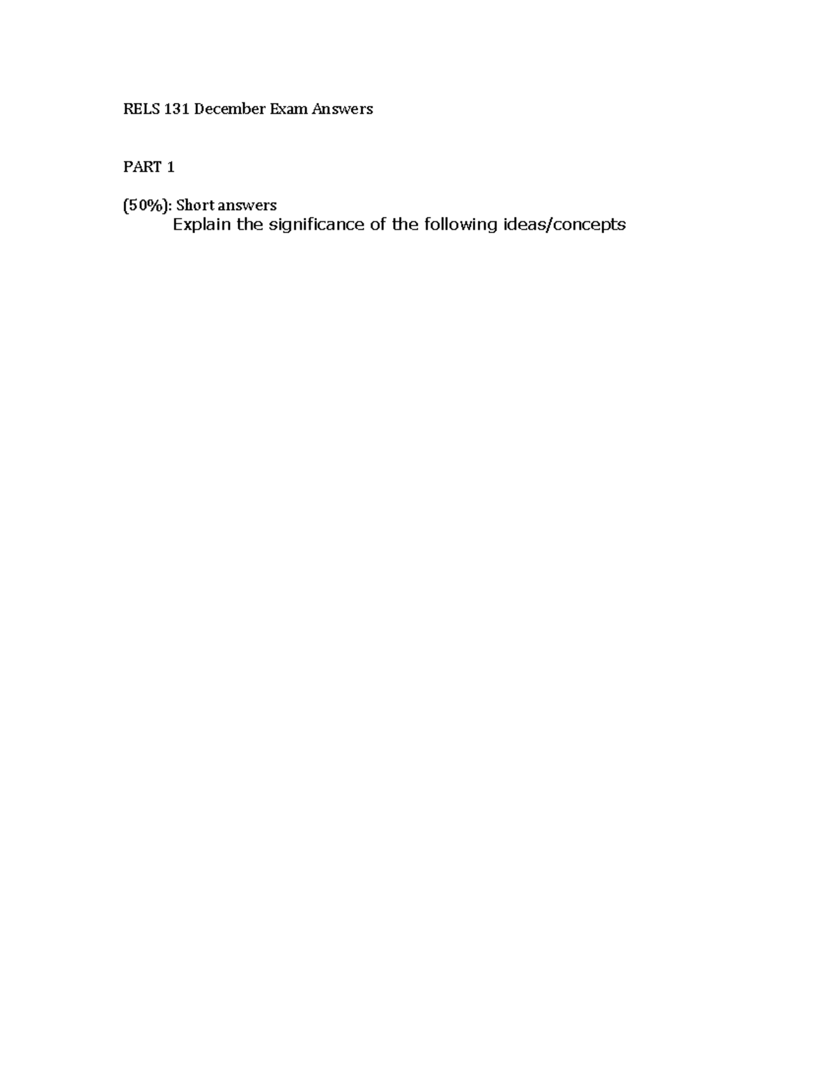 Exam December 2013 Answers RELS 131 December Exam Answers PART 1 50 exam-december-2013-answers-rels-131-december-exam-answers-part-1-50