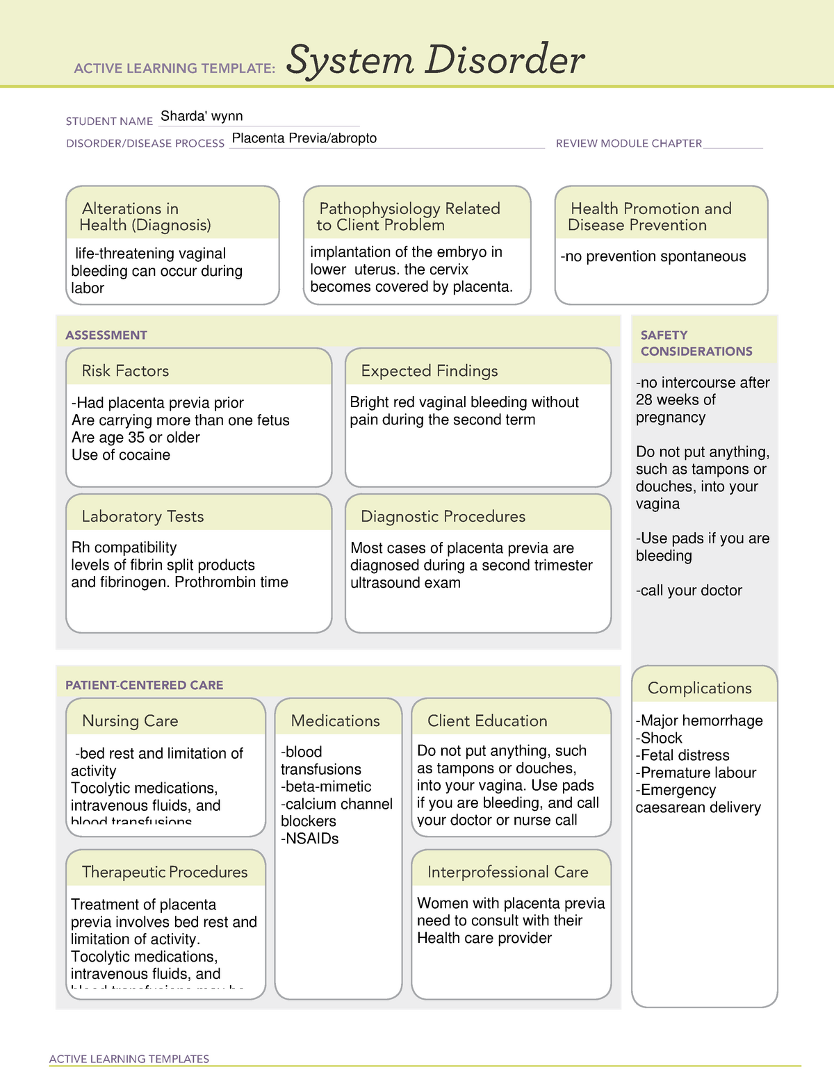 System Disorders Placenta Previa abrt ACTIVE LEARNING TEMPLATES