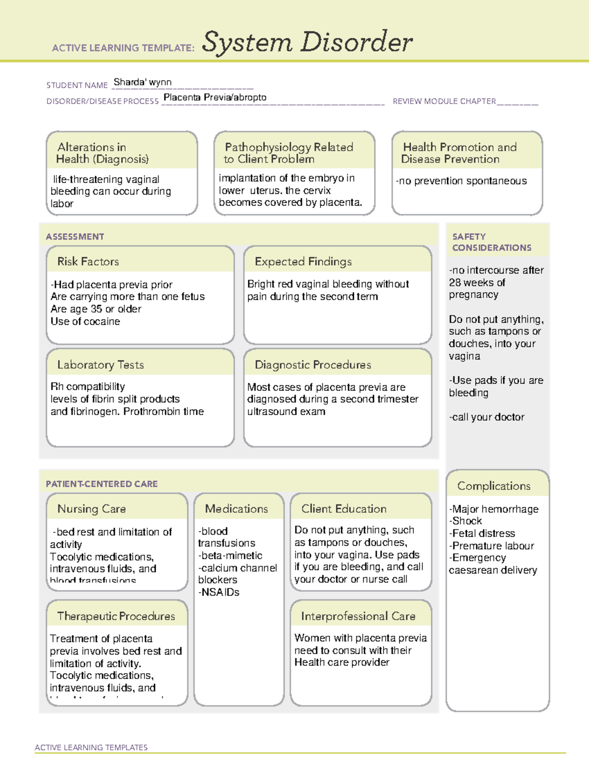 System DisordersPlacenta Previa abrt ACTIVE LEARNING TEMPLATES