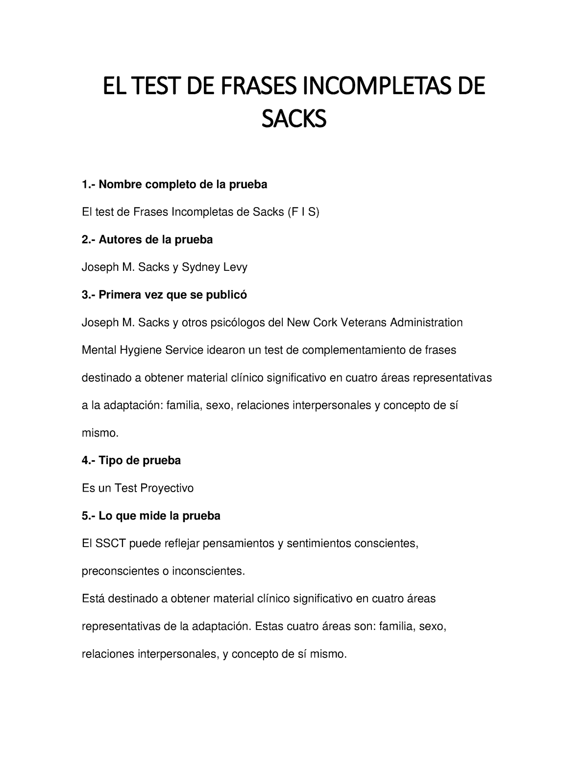 El Test de Frases Incompletas - Sacks - EL TEST DE FRASES INCOMPLETAS DE  SACKS  Nombre completo - Studocu