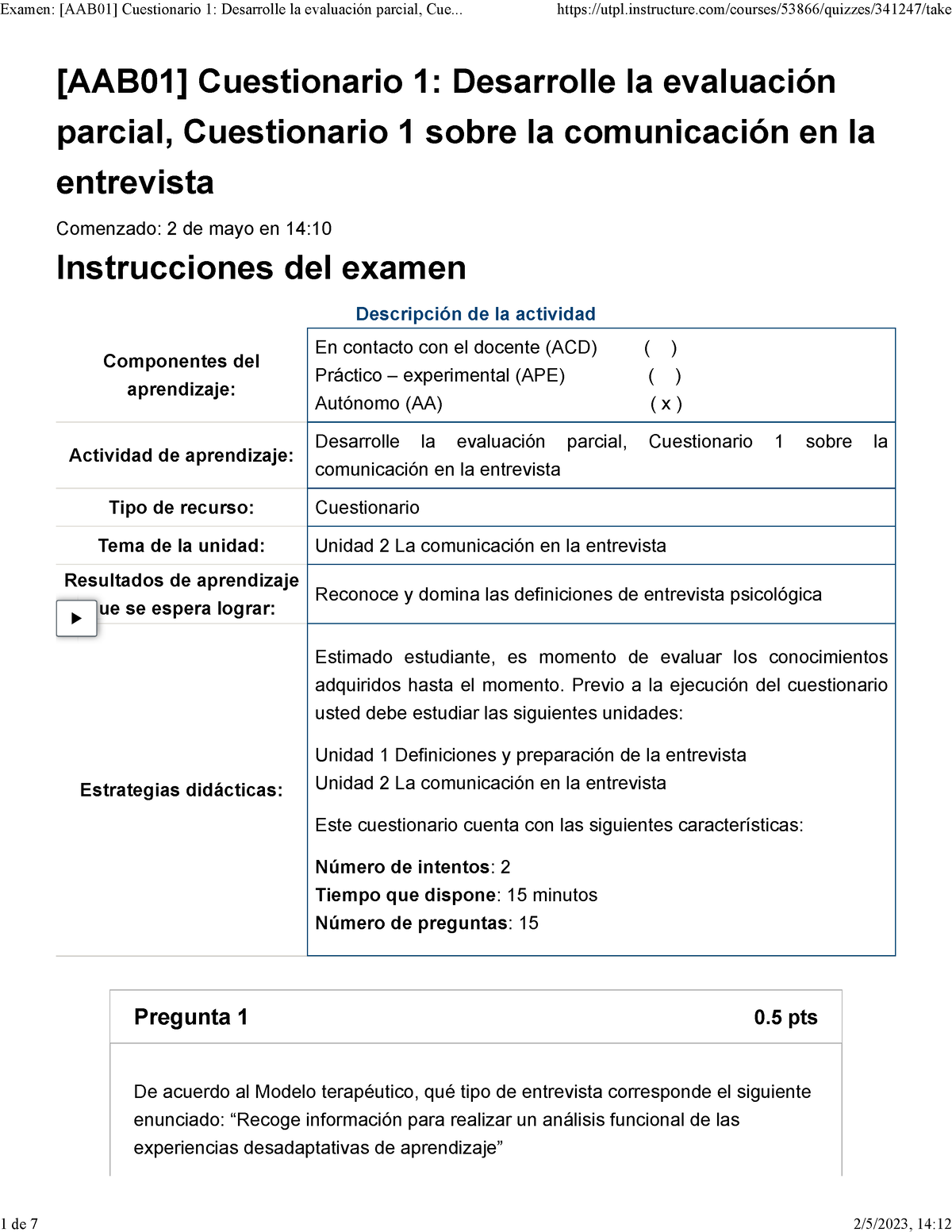 Examen [AAB01] Cuestionario 1 Desarrolle La Evaluación Parcial ...