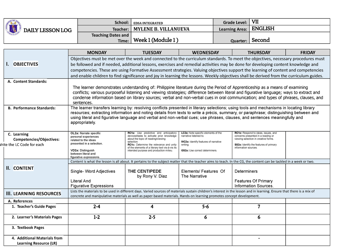 DLL 2nd Quarter wk1 - DAILY LESSON LOG School: EDSA INTEGRATED Grade ...