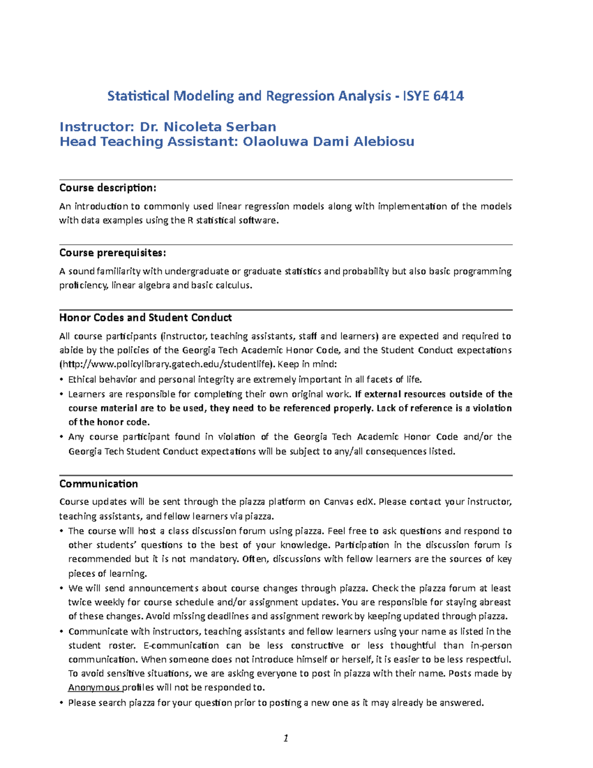 ISy E 6414 Syllabus Summer 2023 - Statistical Modeling And Regression ...