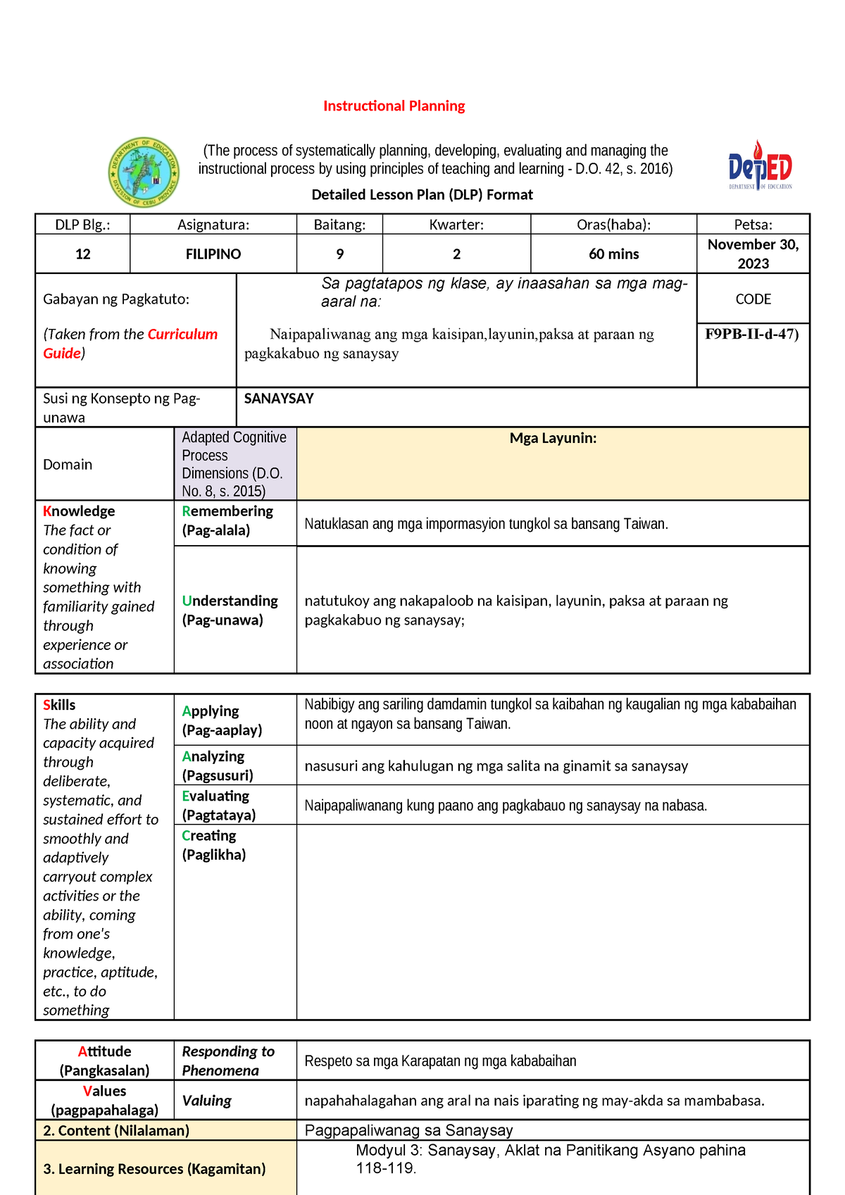 Lesson Plan In Filipino 9 Sanaysay Instructional Planning The Process Of Systematically 7234