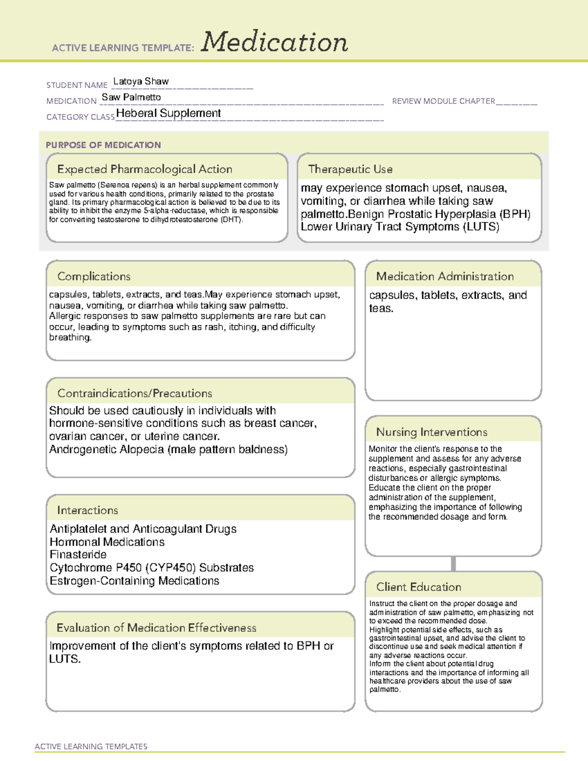 Saw Palmetto - Templates - ACTIVE LEARNING TEMPLATES Medication STUDENT ...