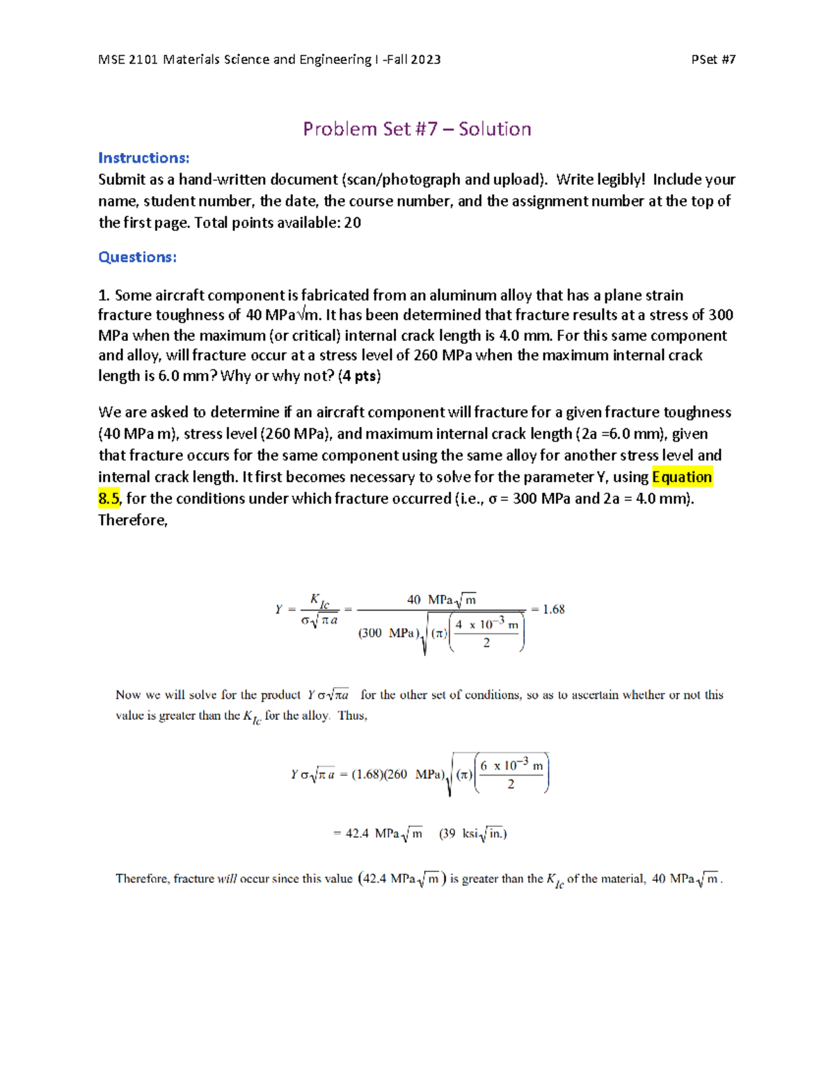Set 7 - homework - Problem Set # 7 – Solution Instructions: Submit as a ...