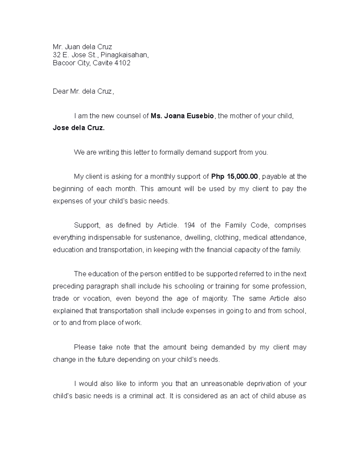 267286649 Demand Letter for Support - Mr. Juan dela Cruz 32 E. Jose St ...